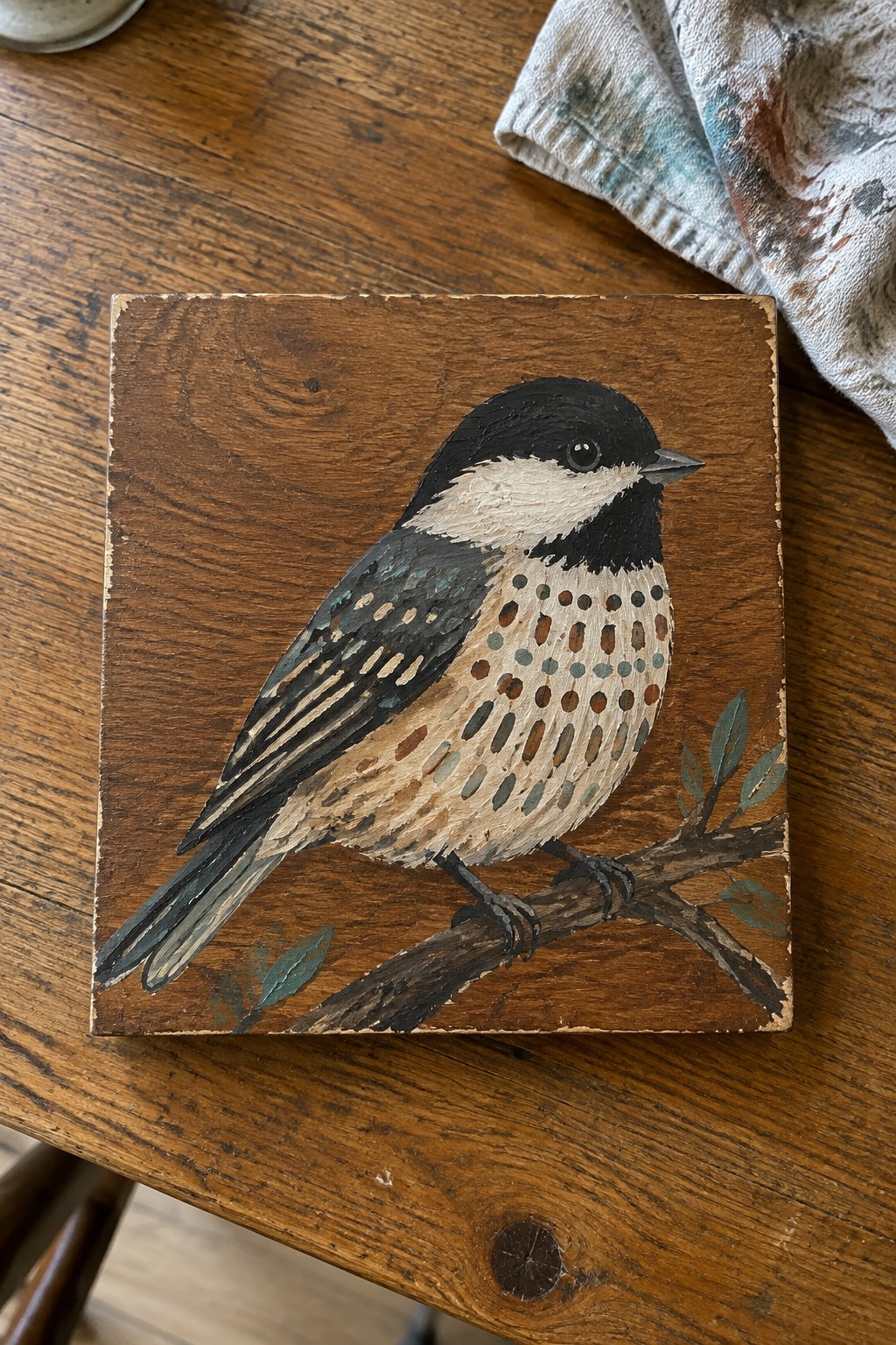 Wooden plaque painting of black-capped chickadee perched on leafy branch