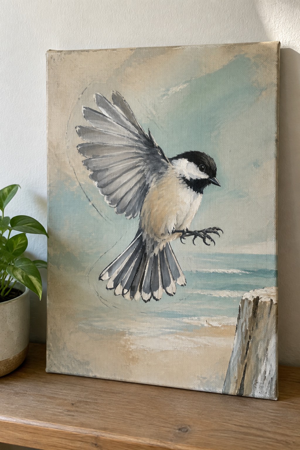 Canvas painting of chickadee with spread wings over beach and ocean waves.