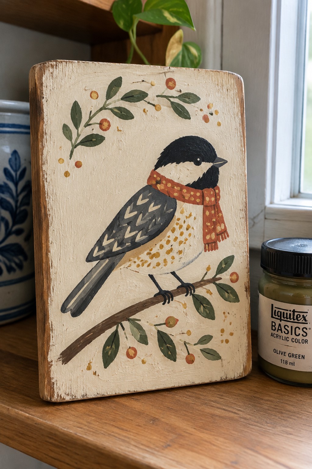 Rustic painting of chickadee in red polka-dot scarf on wood beside paint jar