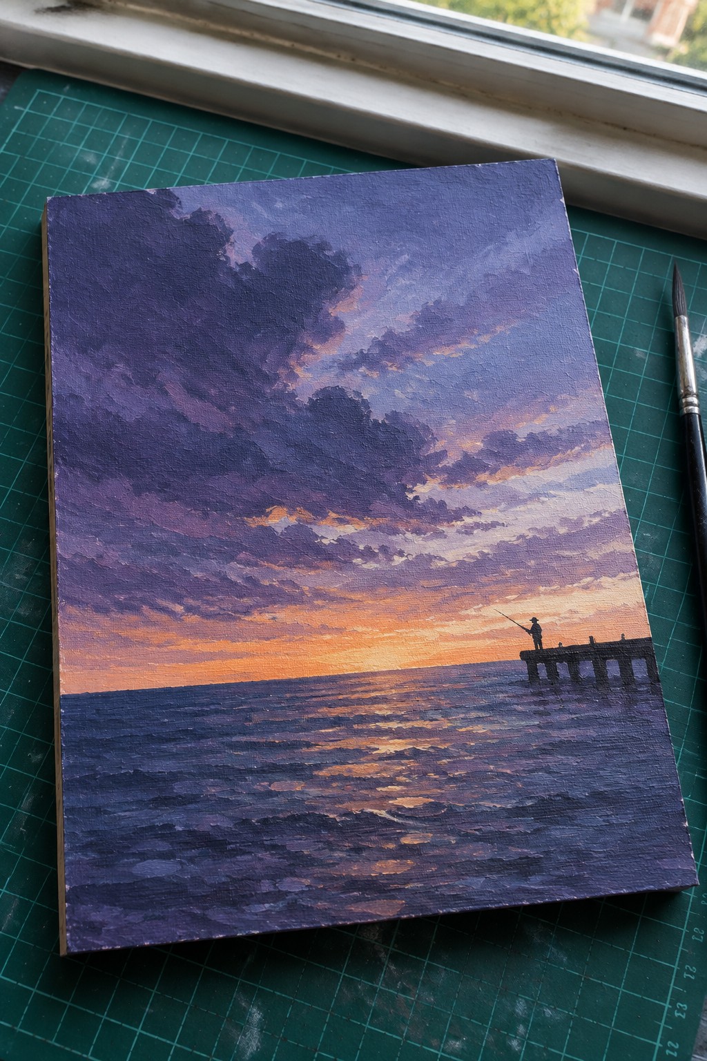 Oil painting of purple-orange sunset over waves with fisherman on pier, beside brush