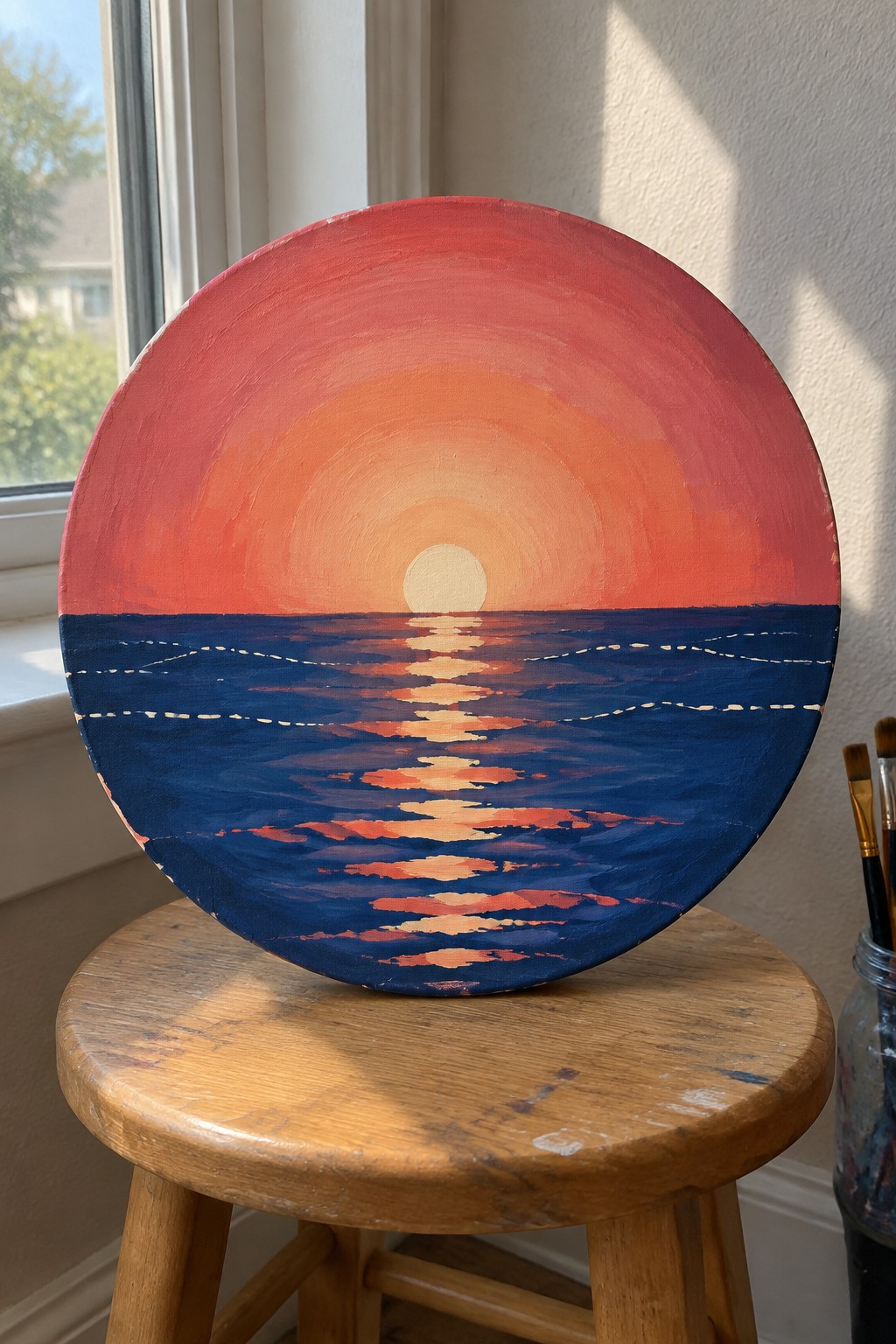 Round sunset painting with red sky over blue ocean on wooden stool