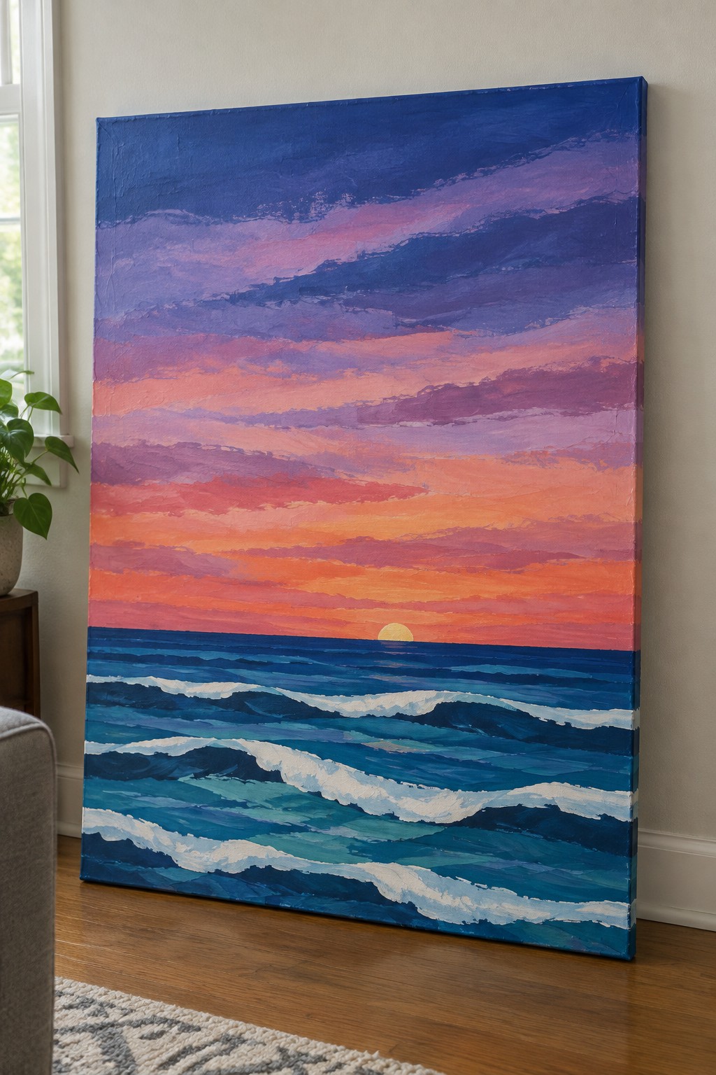 Vibrant sunset painting with purple-pink sky, orange horizon, and blue ocean waves