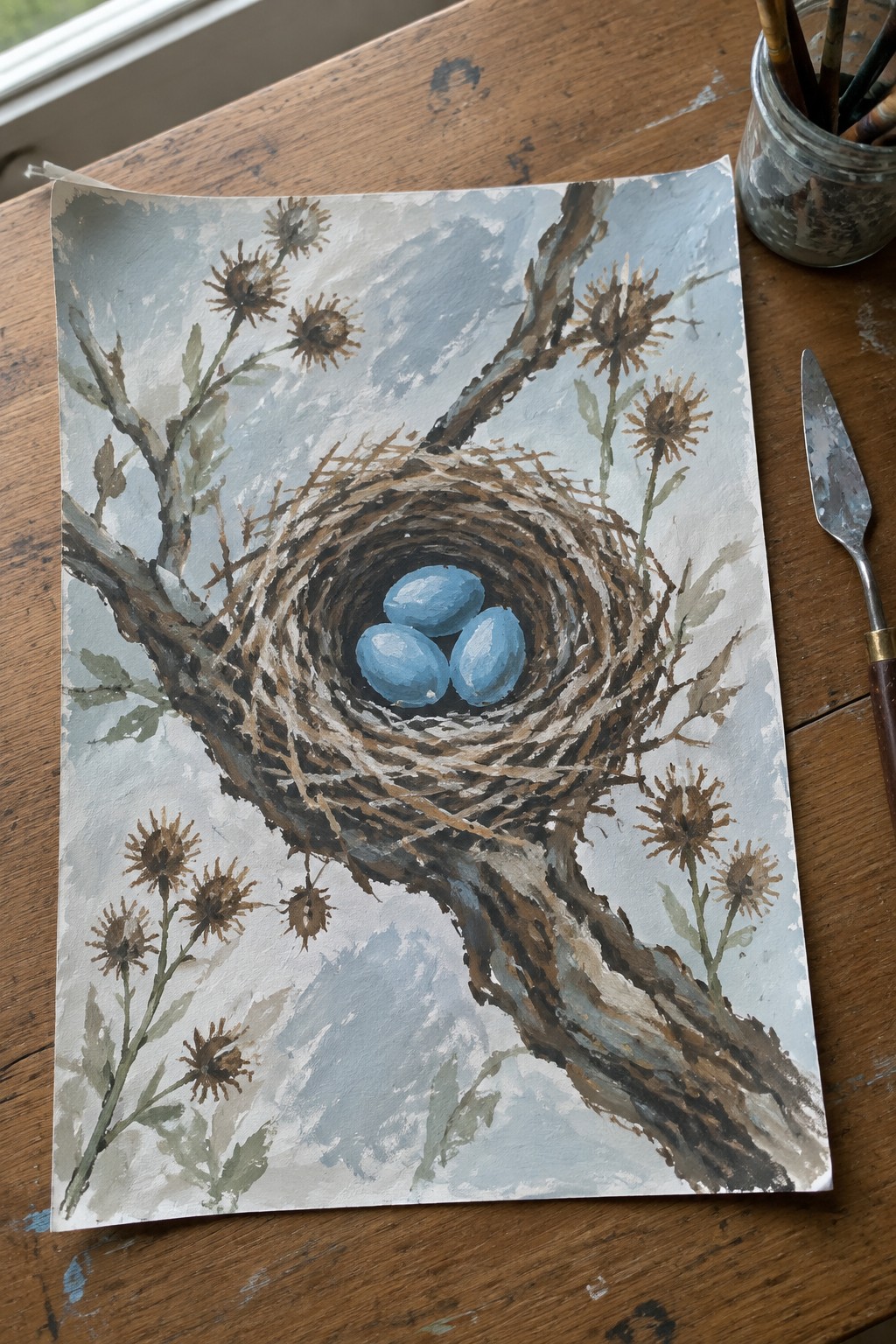 Watercolor painting of nest with three blue eggs on branch, beside art supplies on wood table