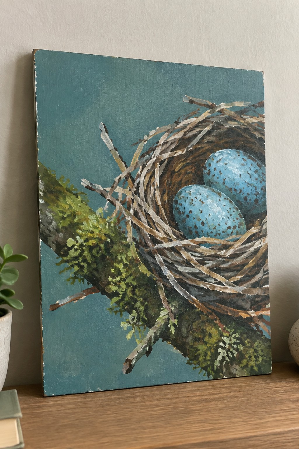 Painting of woven nest with two blue speckled eggs on mossy branch