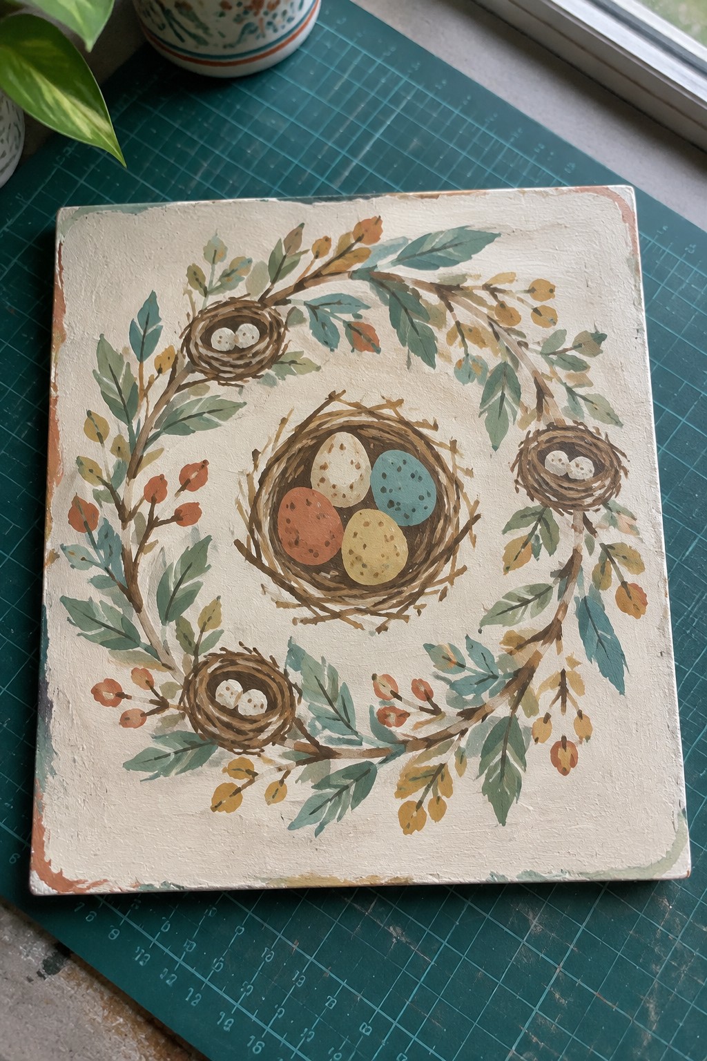 Square canvas with leafy wreath and three bird nests holding colorful eggs
