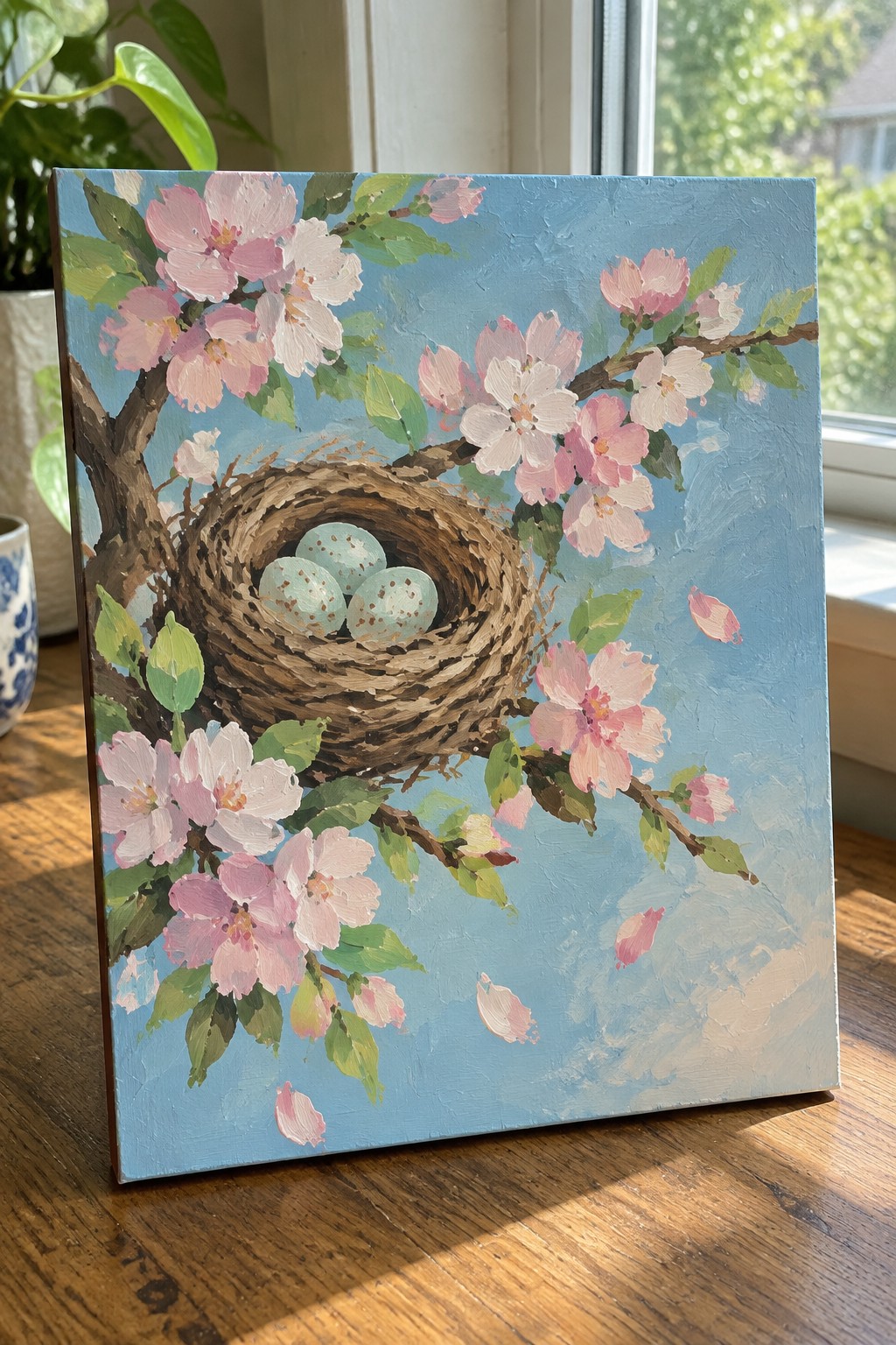Oil painting of bird nest with three blue eggs amid pink cherry blossoms on blue sky.