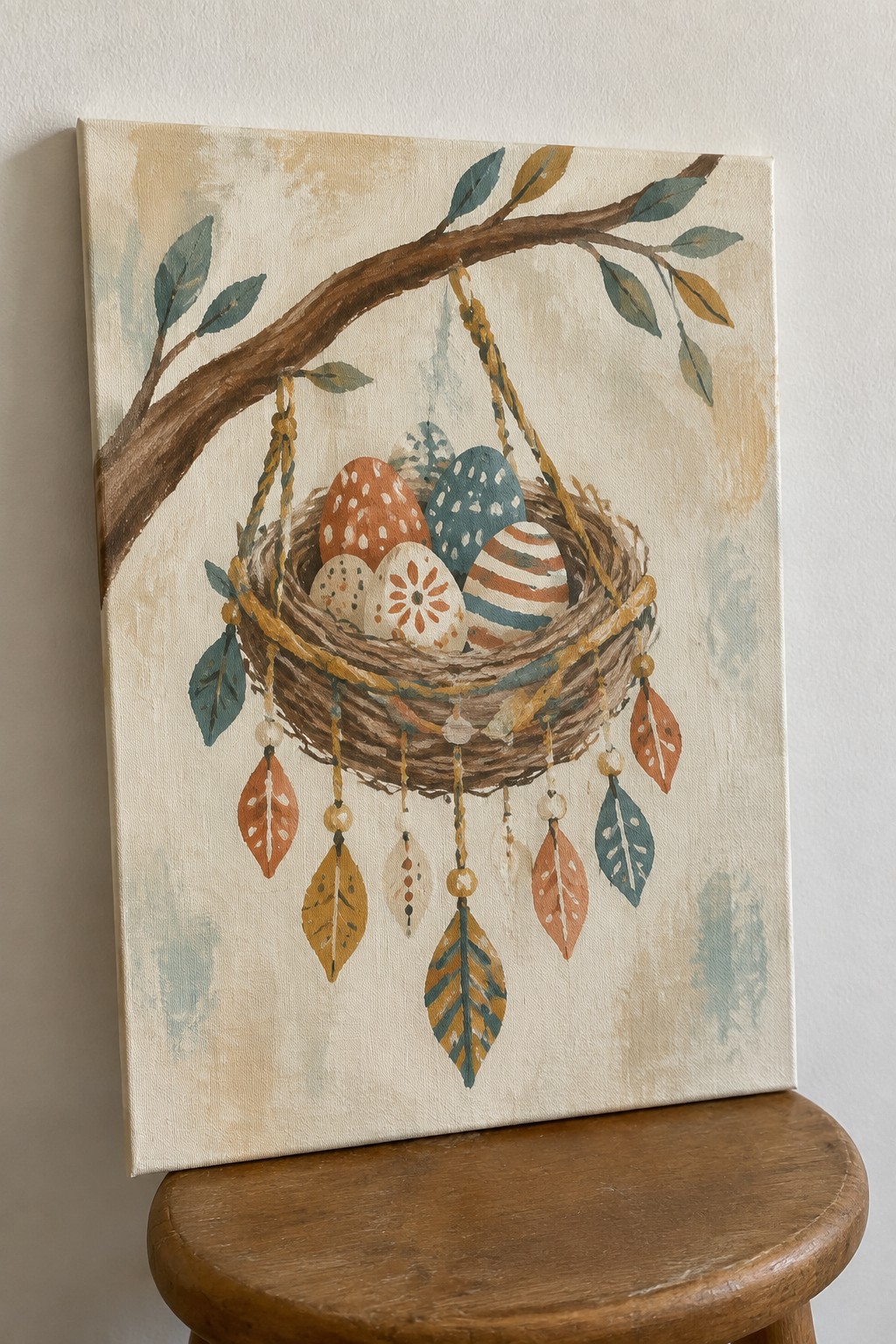 Canvas painting of hanging nest with patterned eggs on wooden stool against wall.