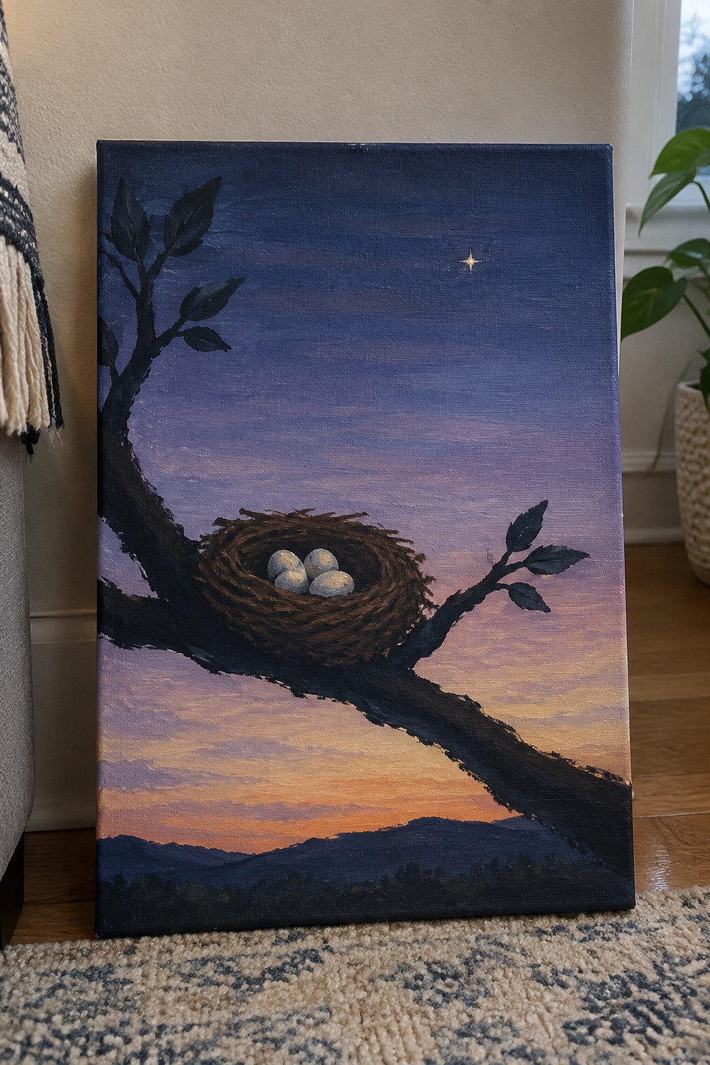 Painting of bird nest with three eggs on branch under starry twilight sky with mountains