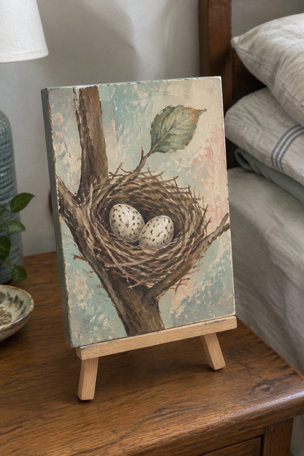 Painting of bird nest with two speckled eggs on wooden easel