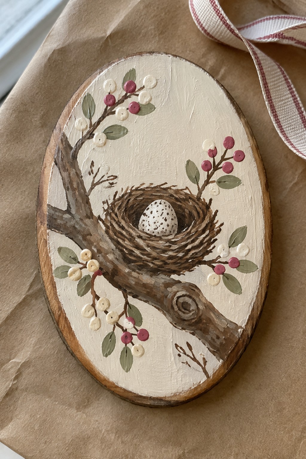 An oval wooden plaque shows a brown bird nest with a speckled egg on a branch, surrounded by smaller branches with pink and white berries and green leaves.