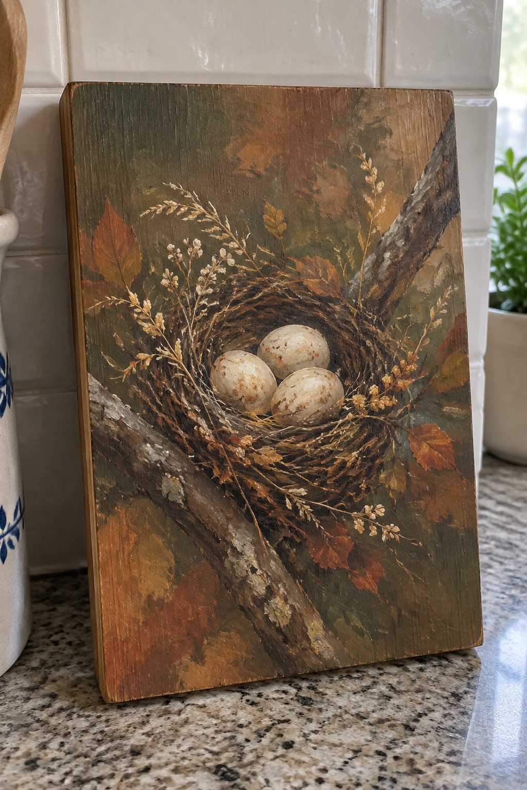 Wooden plaque painted with bird nest holding three speckled eggs amid autumn leaves and branches.