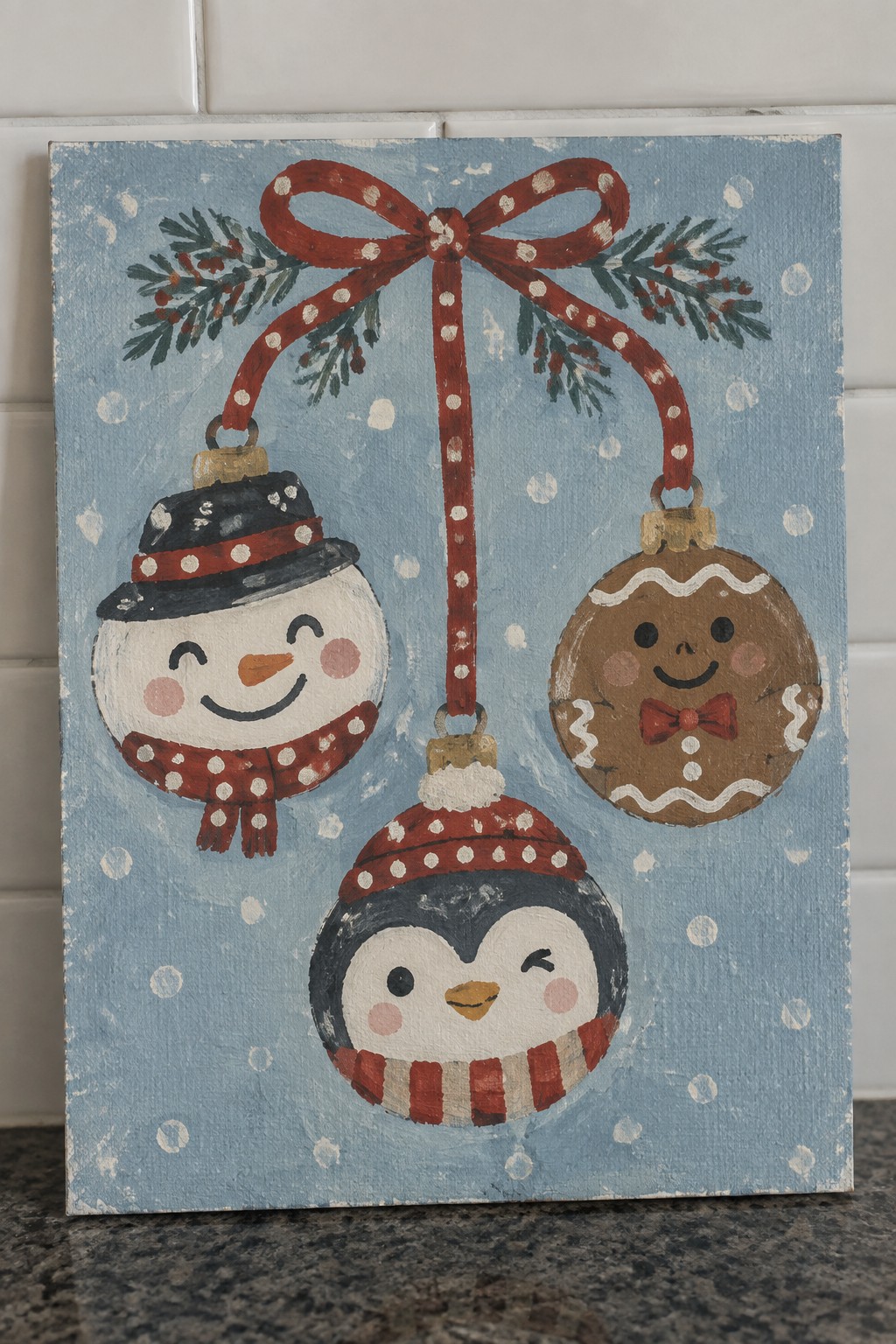 Hand-painted snowman, penguin, and gingerbread ornaments dangling from red polka-dot bow with pine.