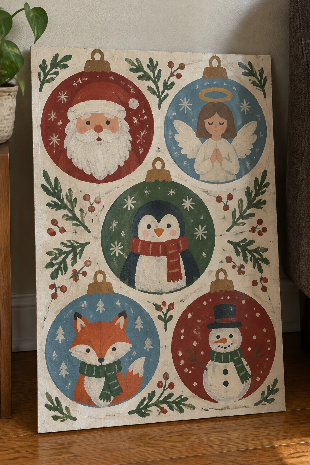 Hand-painted Christmas baubles with Santa, angel, penguin, fox and snowman amid holly.