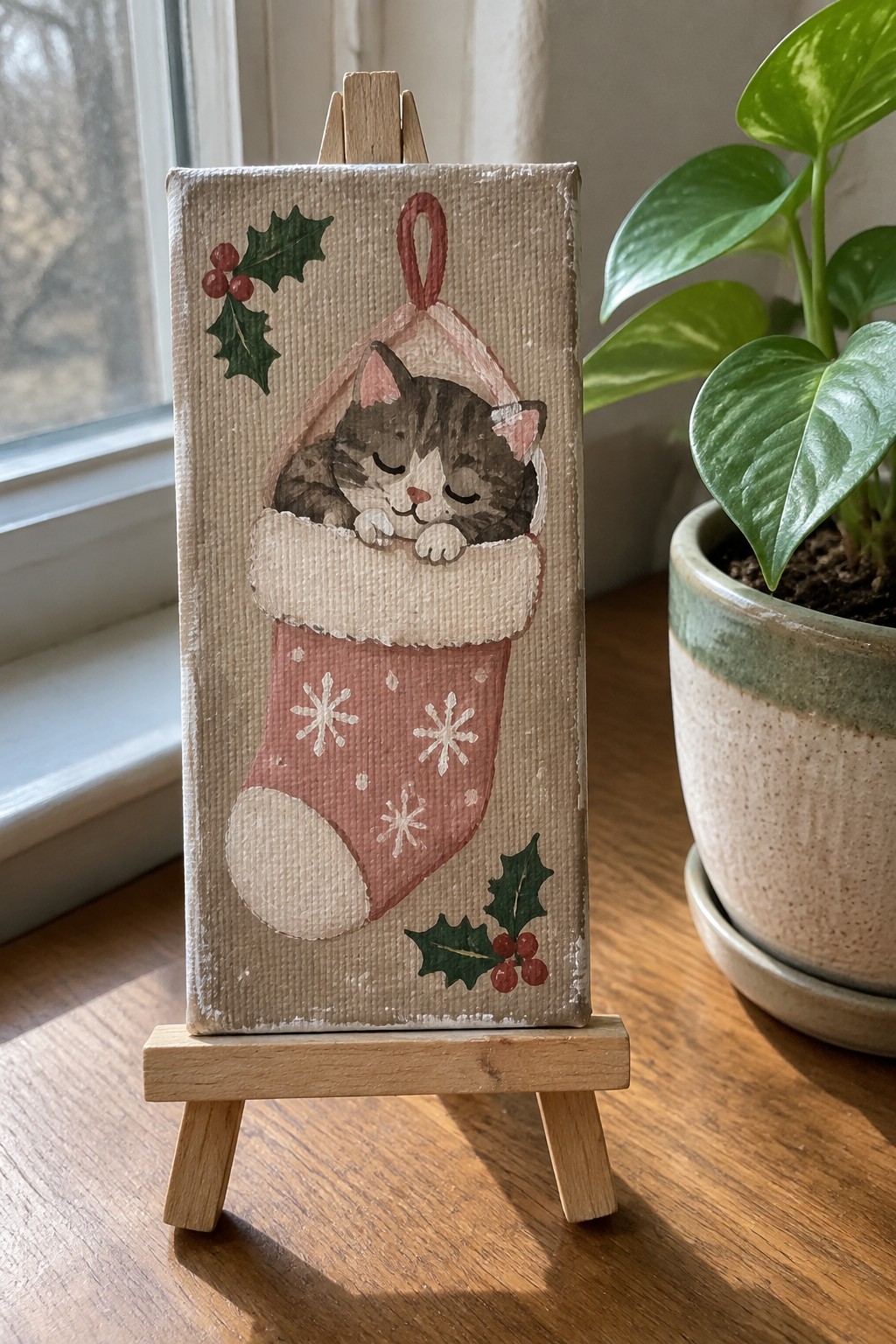 Wooden easel displays canvas of sleeping kitten in pink Christmas stocking with holly.
