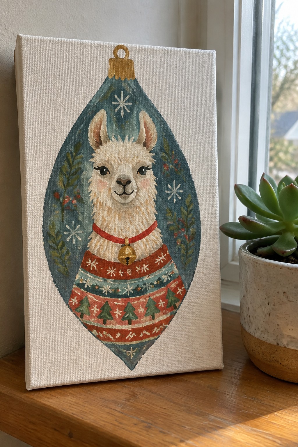 Canvas painting of llama in teal Christmas ornament with red sweater