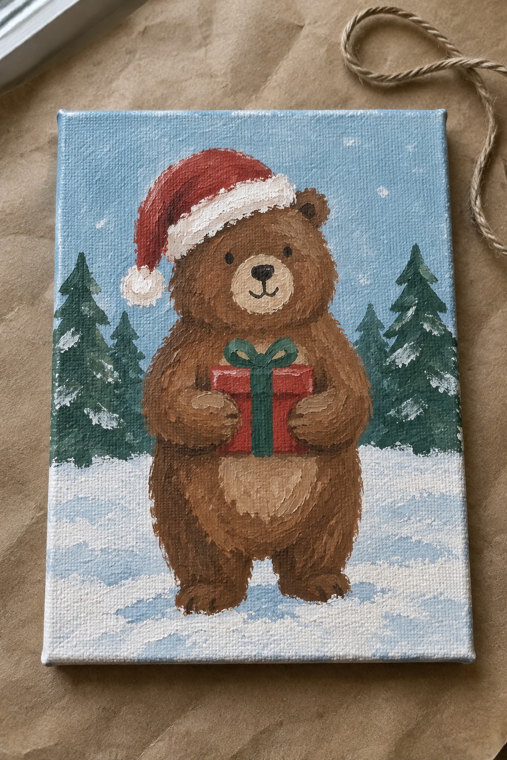 Brown bear in Santa hat holds red gift with green bow in snowy pines