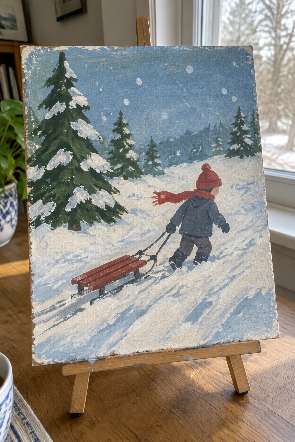 Child in red hat pulls sled through snowy pine forest under blue sky