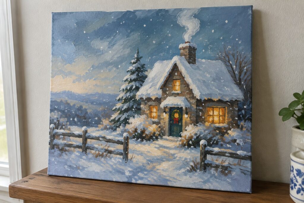 Snowy stone cottage painting with glowing windows, smoking chimney, wreath, and wooden fence