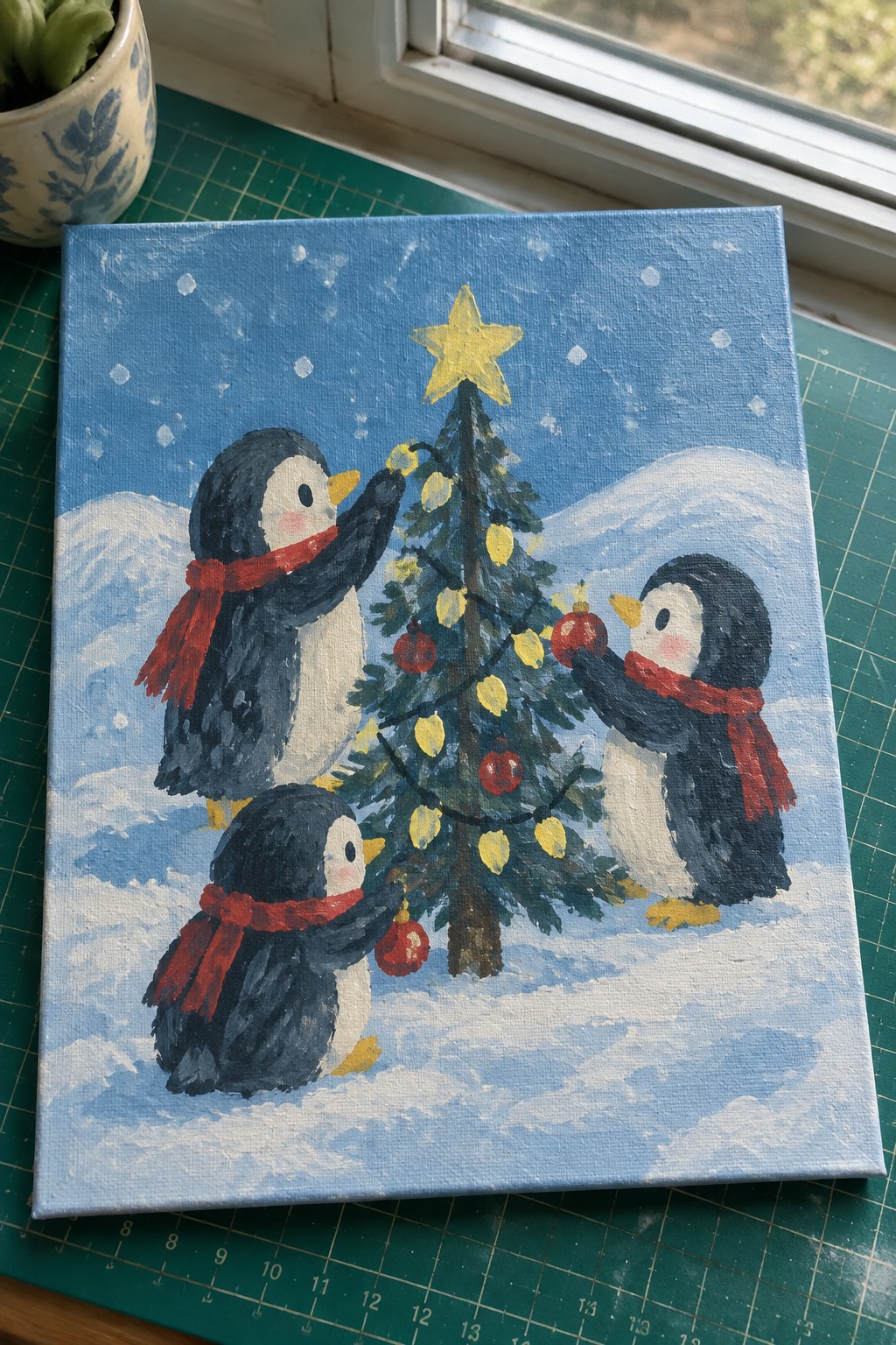 Three red-scarved penguins hang lights and ornaments on a snowy Christmas tree.