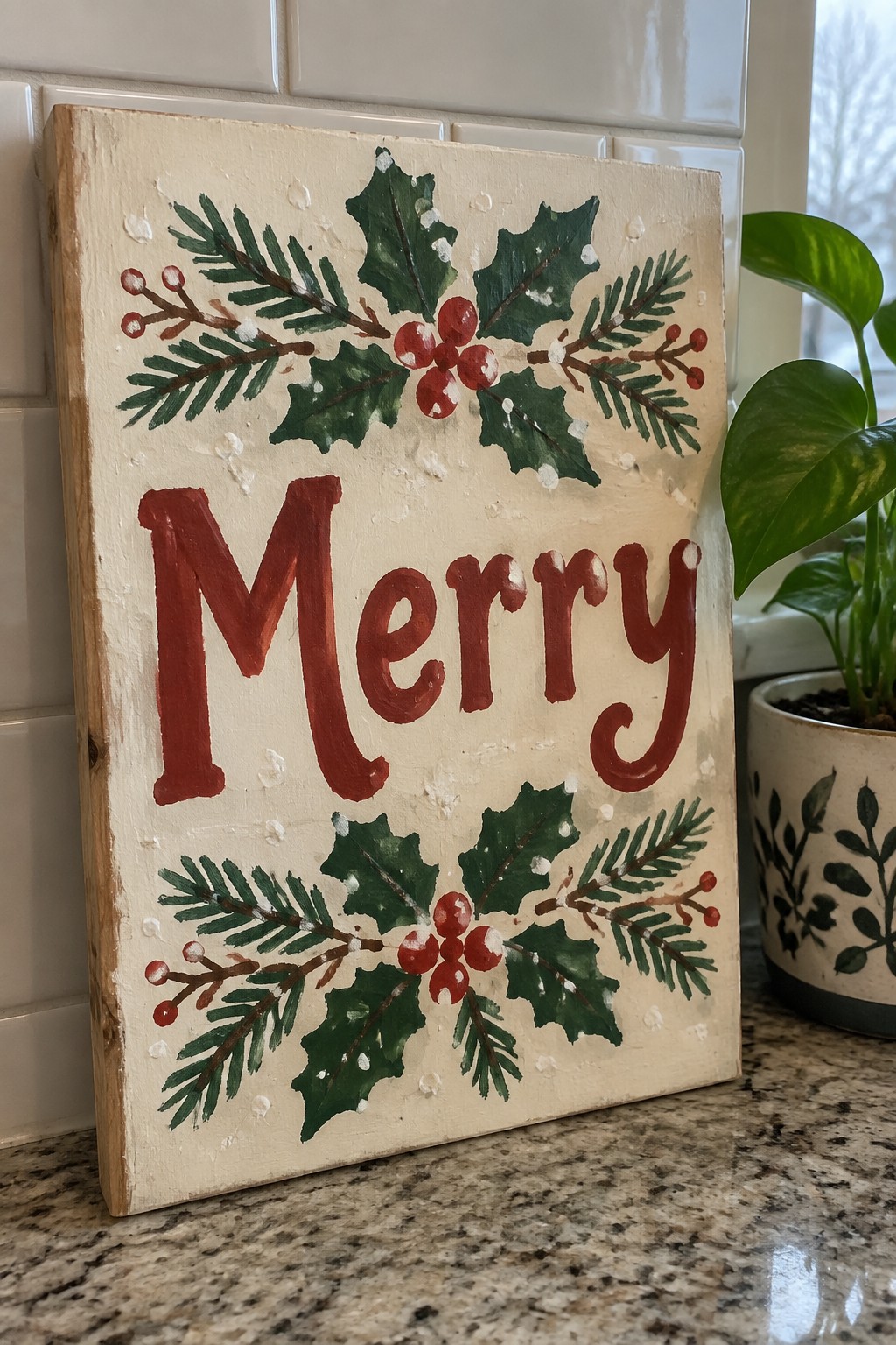 Hand-painted wooden sign with red 