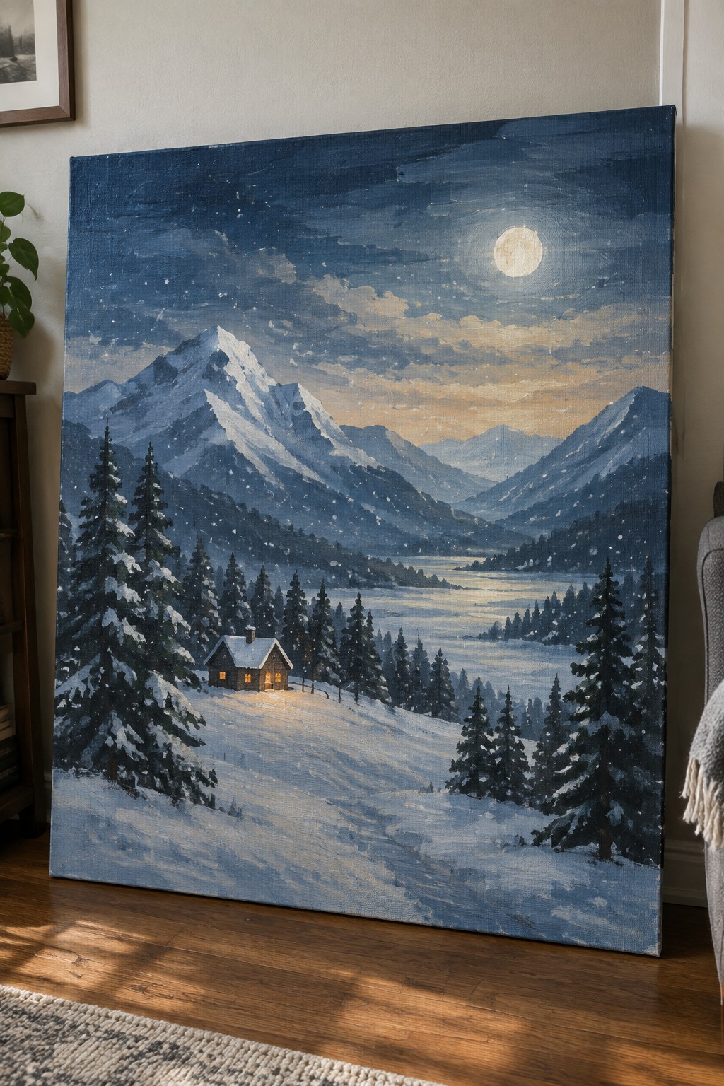 Oil painting of snowy mountains with moonlit cabin and glowing windows at night