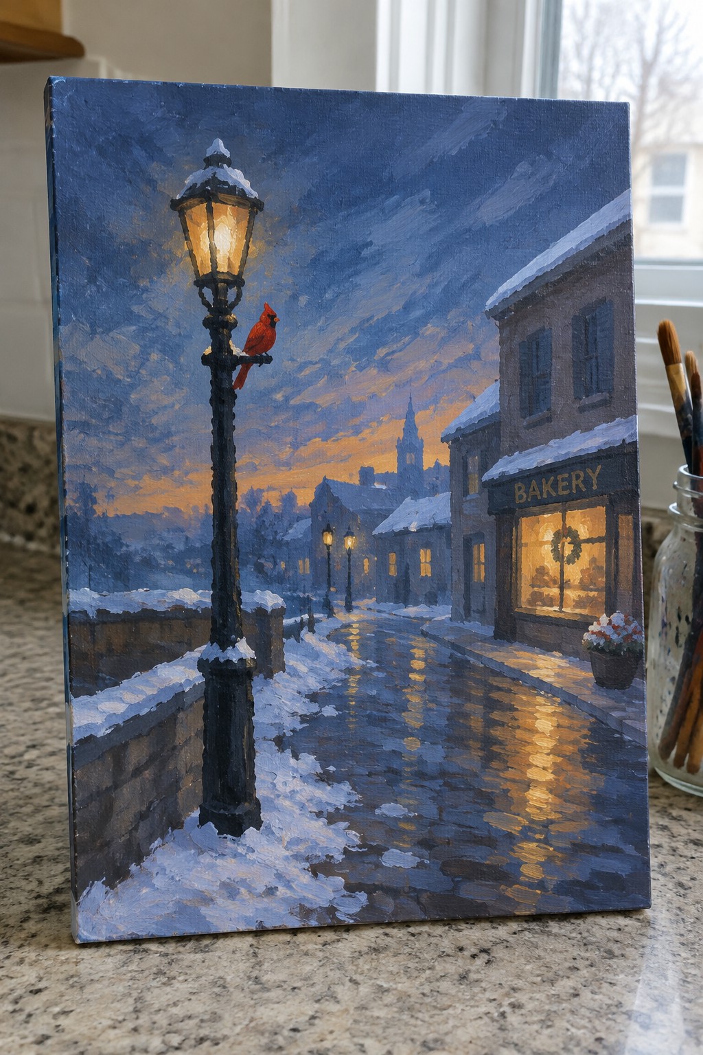 Snowy twilight street painting with glowing lamppost, red cardinal, wet reflections, and bakery.