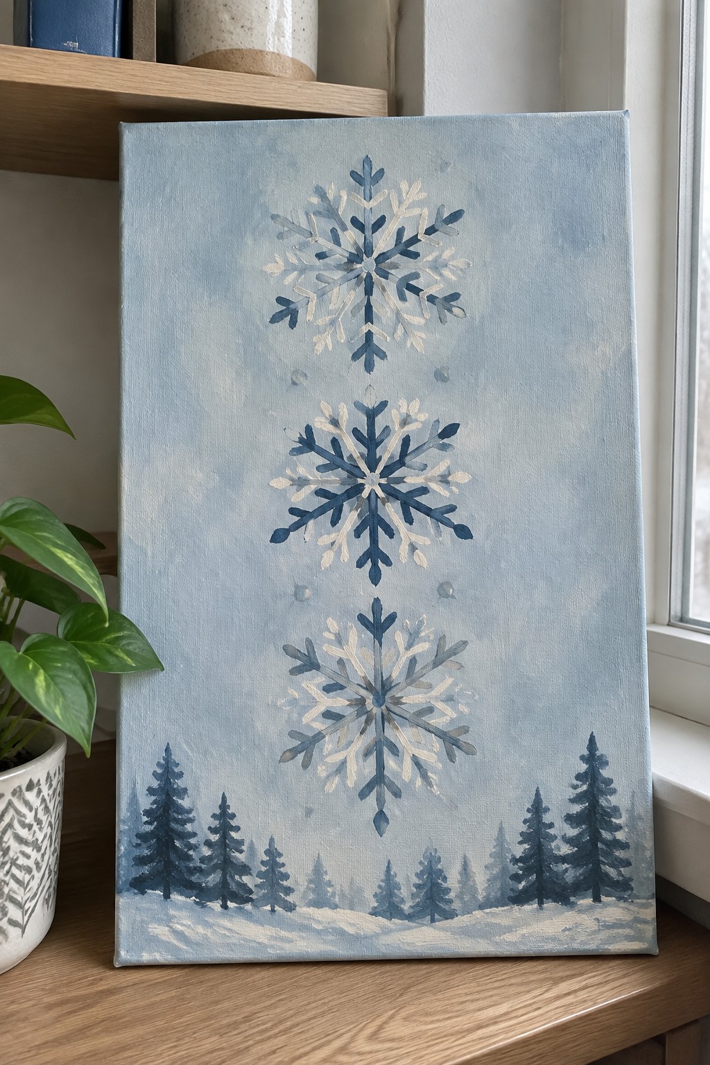 Three blue snowflakes above snowy pine trees on canvas painting
