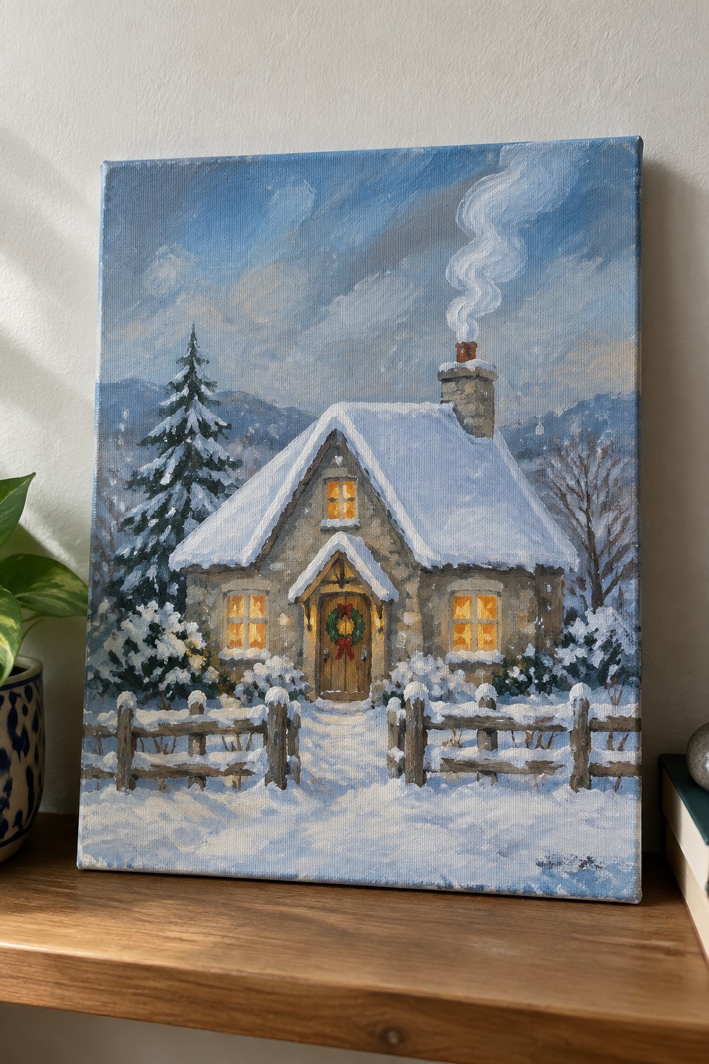 Snowy stone cottage painting with glowing windows, smoking chimney, wreath, and wooden fence