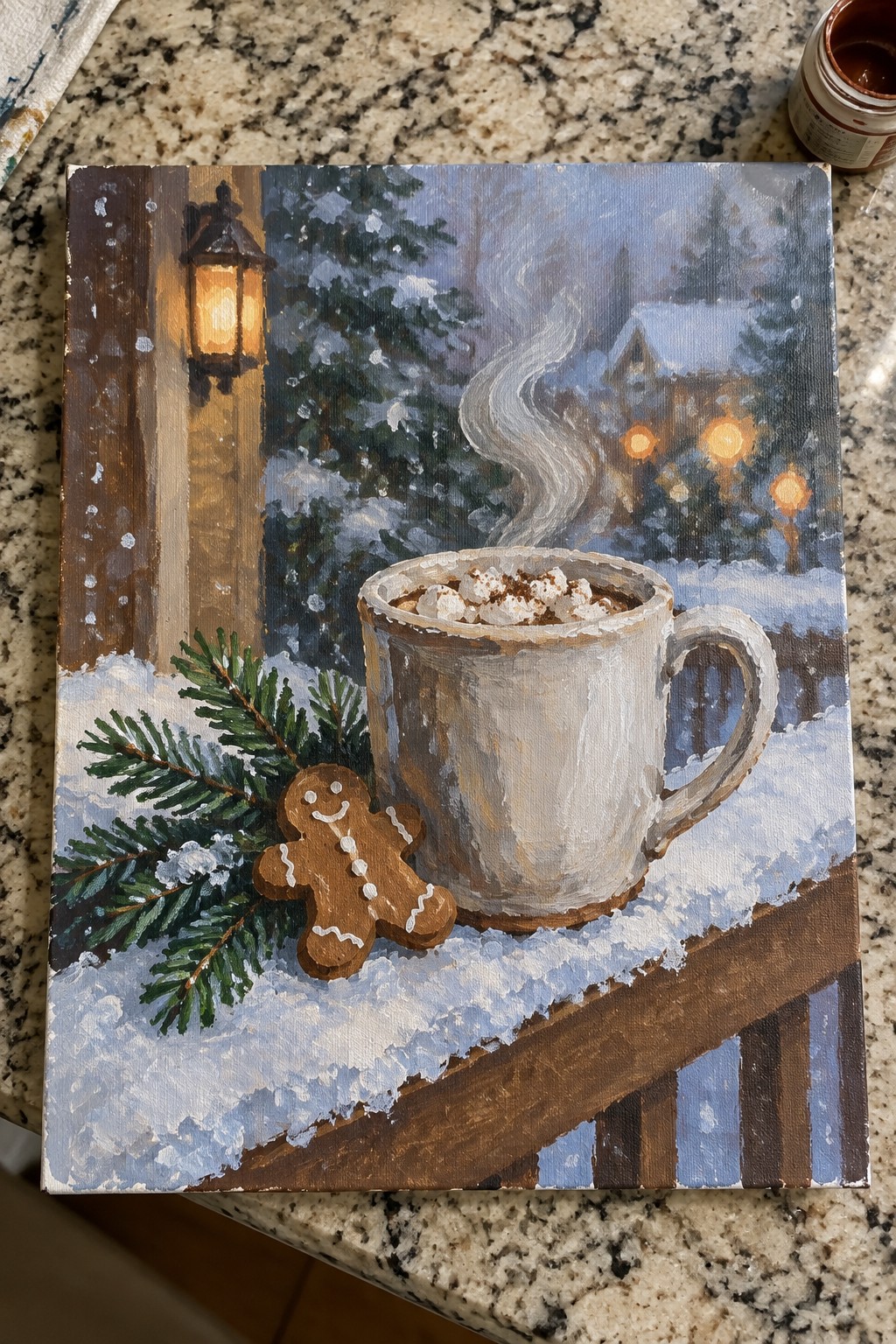 Cozy winter painting of steaming marshmallow mug with gingerbread cookie on snowy railing