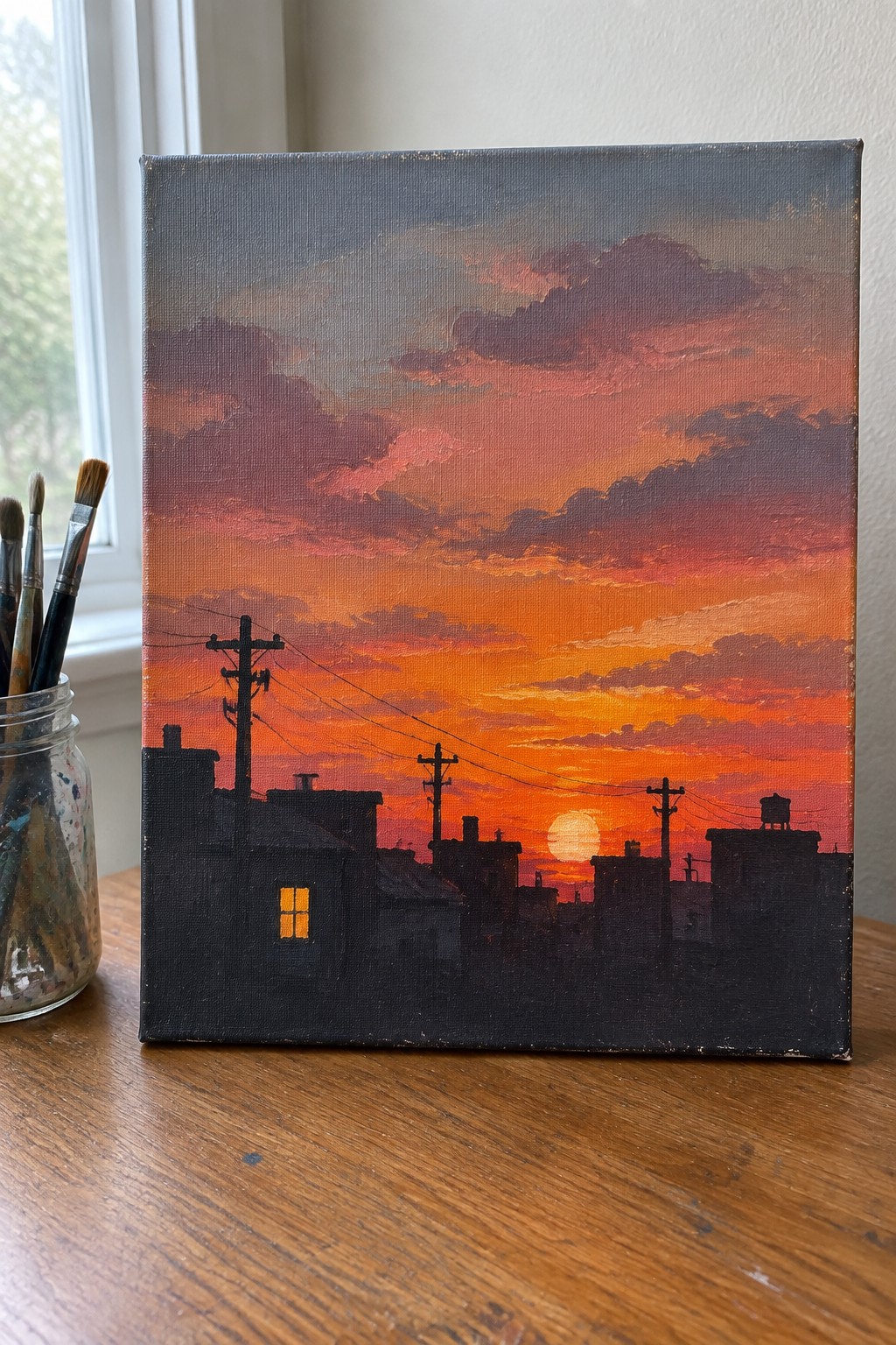 Oil painting of vibrant sunset over dark rooftops with glowing window and paintbrushes on table