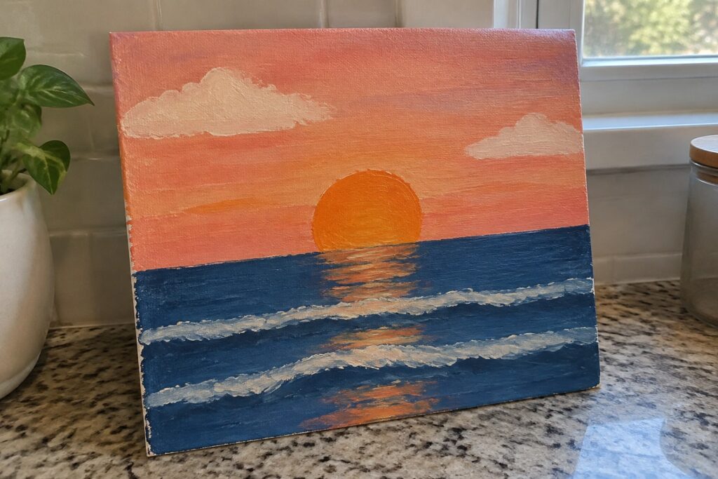 Vibrant acrylic painting of orange sun setting over blue ocean waves with pink sky