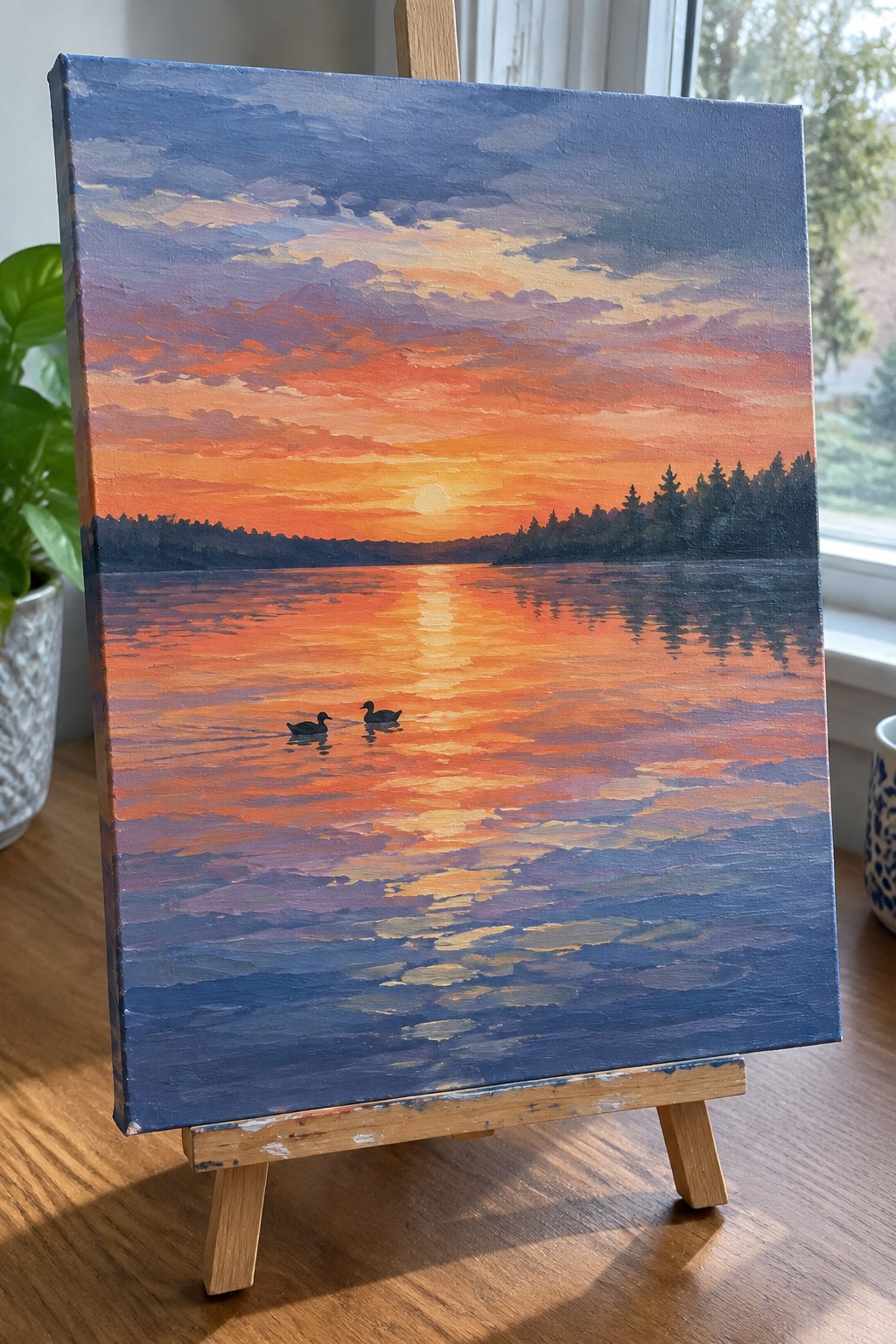 Vibrant sunset painting on easel shows orange sky over reflective lake with two ducks and trees.