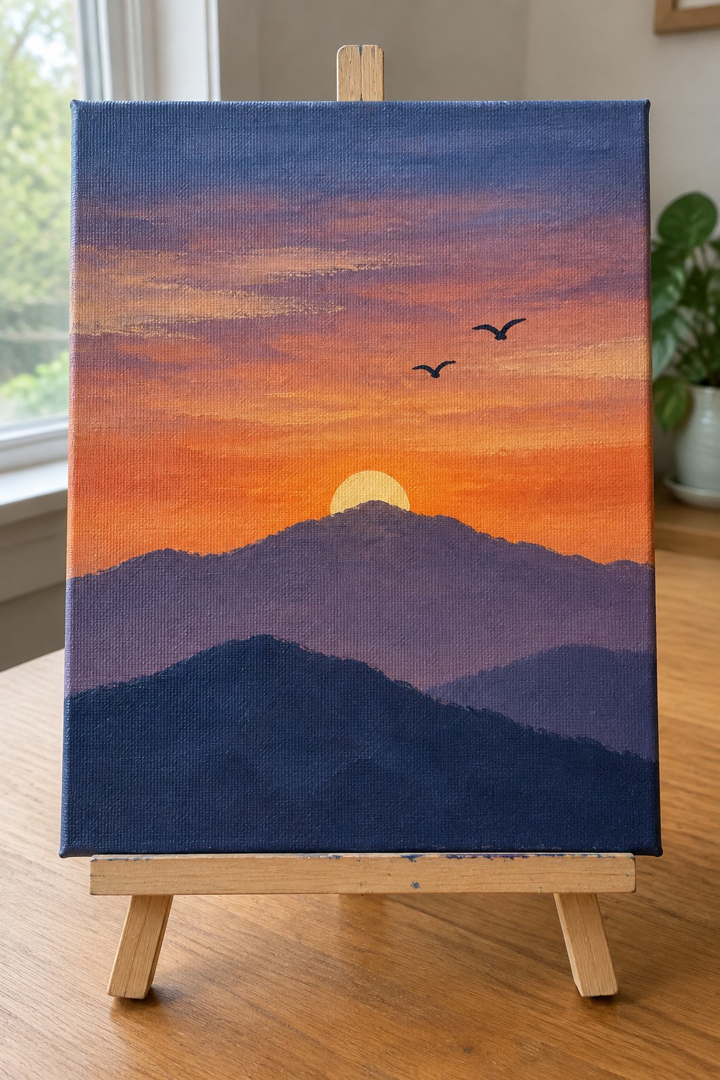 Painting on easel of orange sunset over purple mountains with yellow sun and two birds.