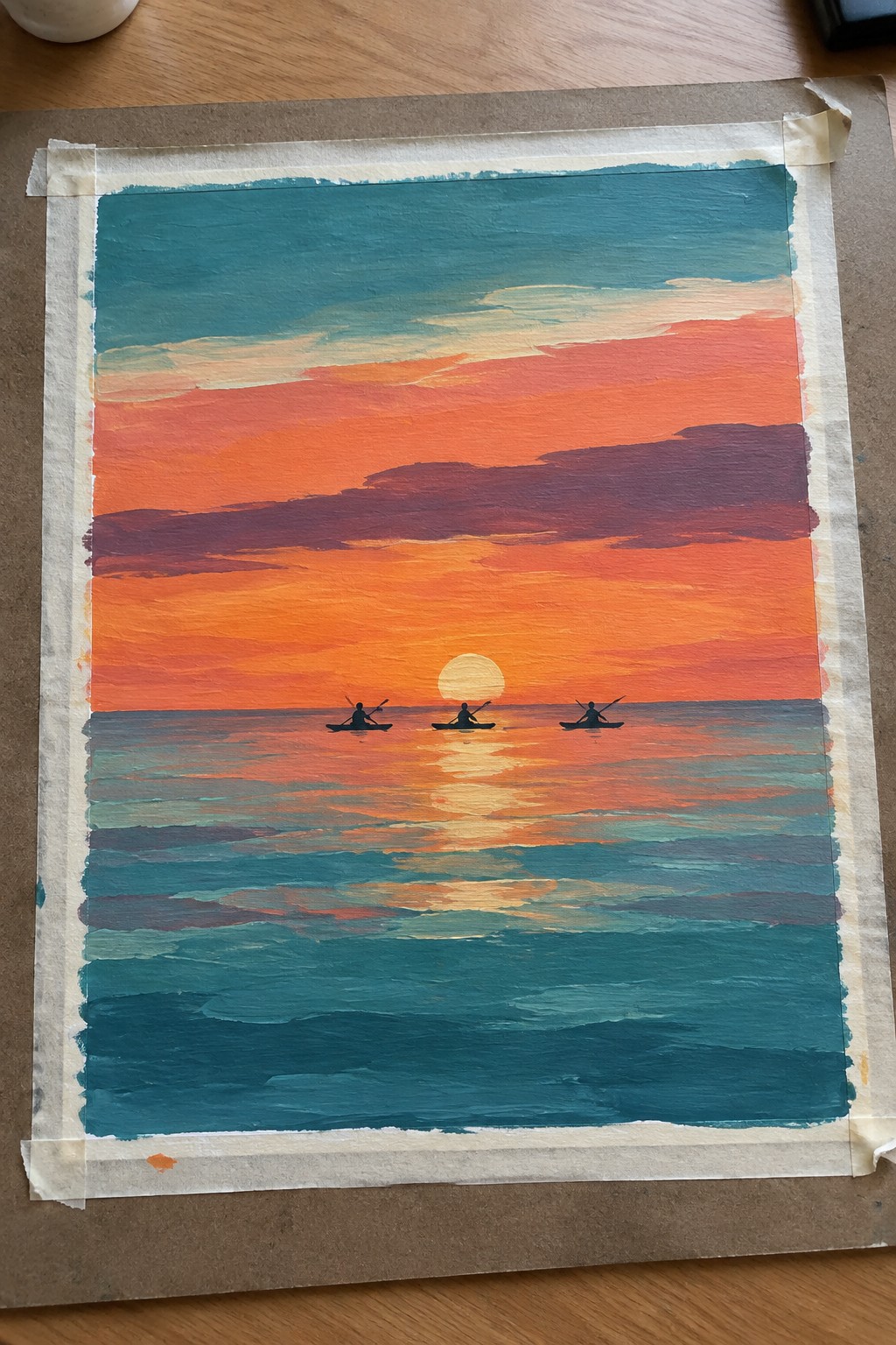 Three silhouetted kayakers on teal waves under orange-red sunset sky with textured brushstrokes