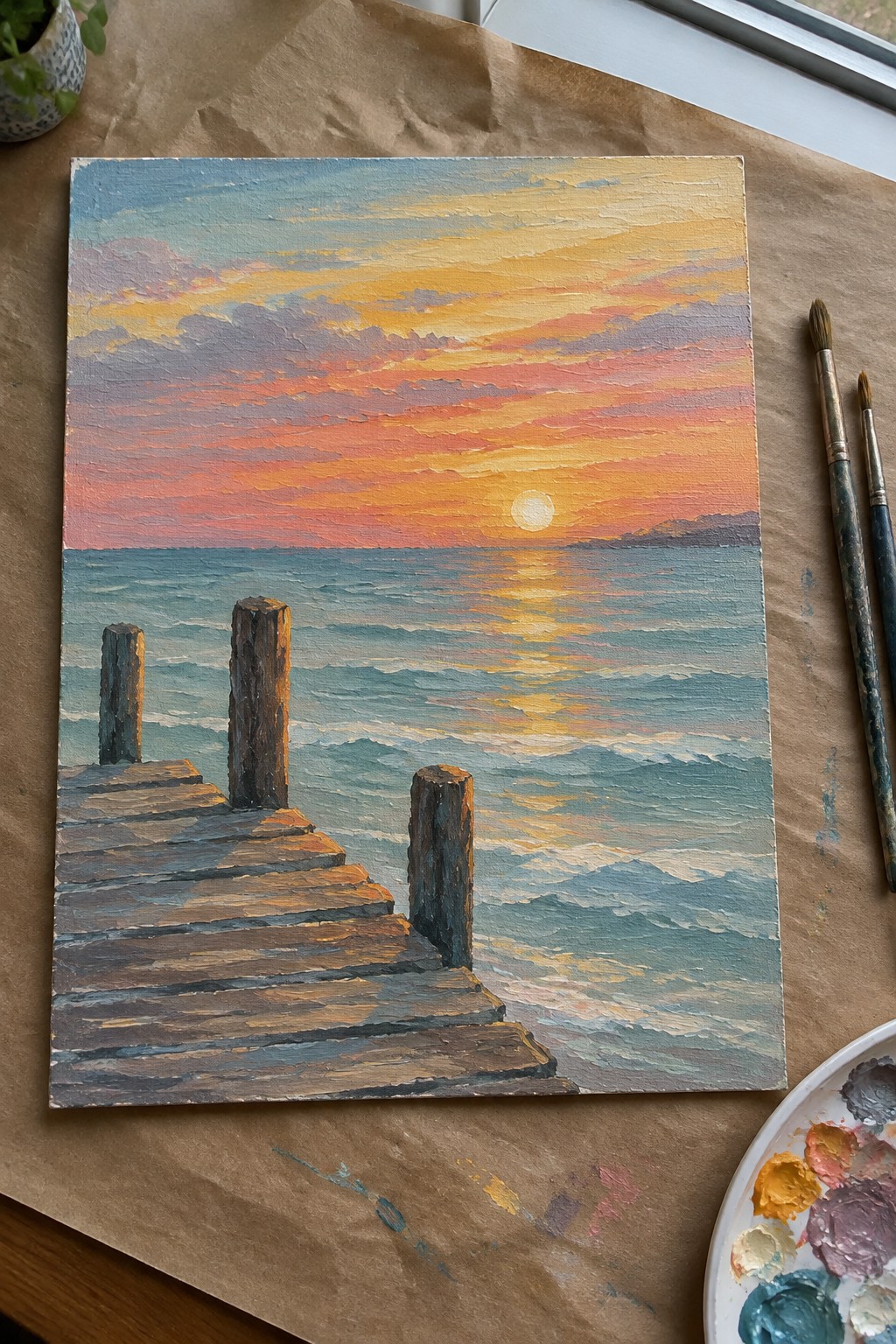 Oil painting of wooden pier at sunset over ocean with colorful sky and paintbrushes
