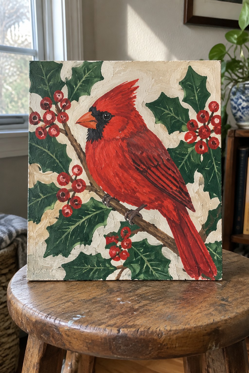Red cardinal on holly branch with berries, oil painting on wooden stool