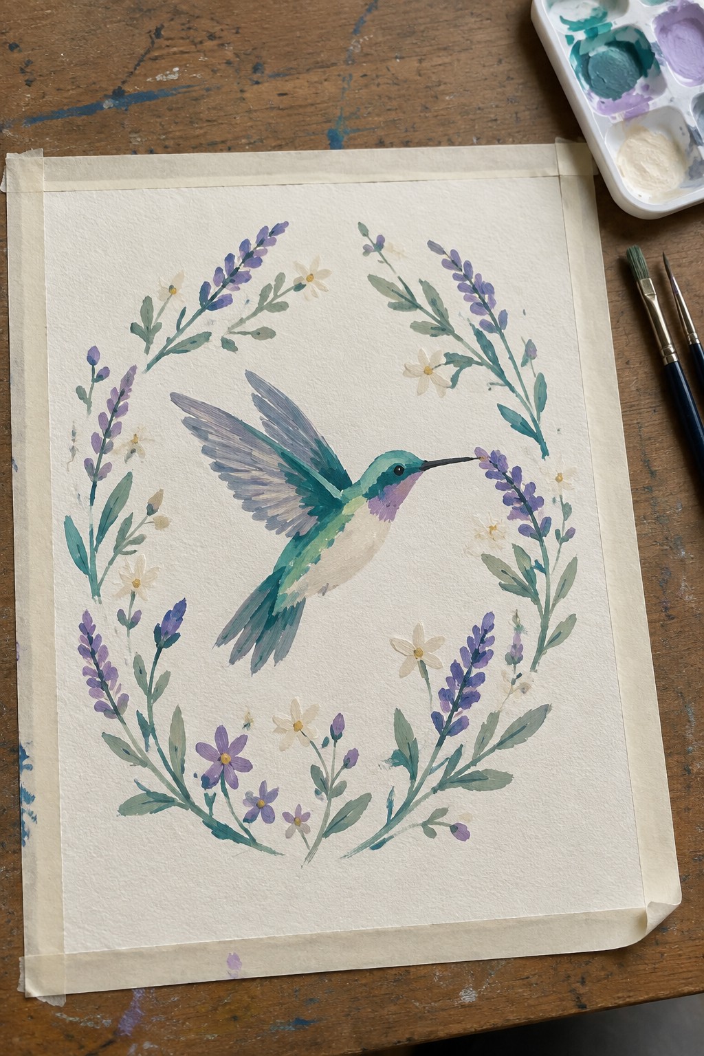 Watercolor hummingbird amid purple flowers and greenery, with palette and brushes on wood.