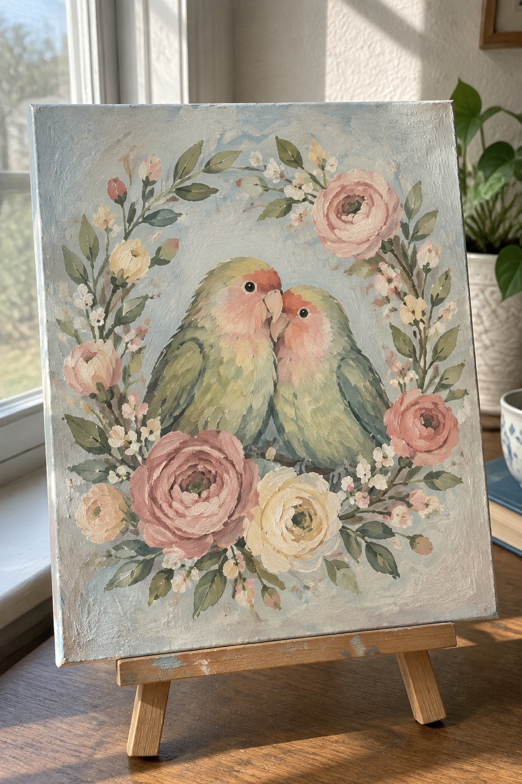 Two lovebirds with pink faces nestled among pink roses on blue background