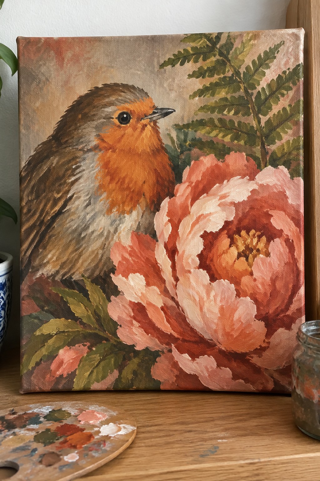 Canvas painting of robin beside large coral peony with palette on wood table