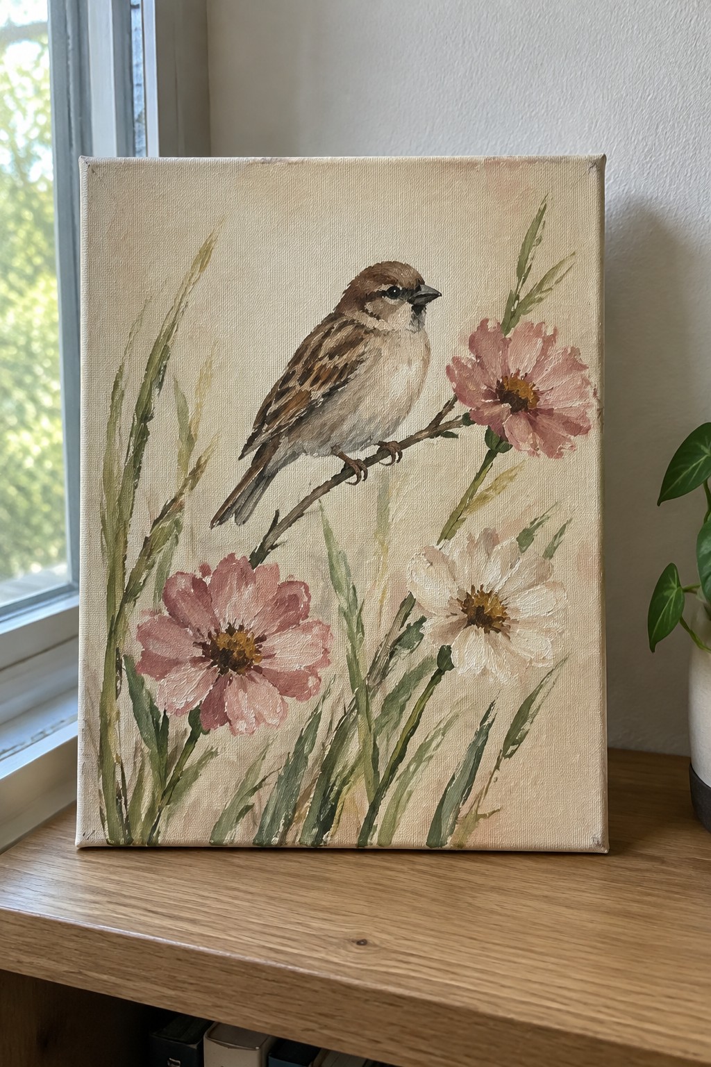 Watercolor canvas shows brown sparrow perched on branch amid pink and white flowers