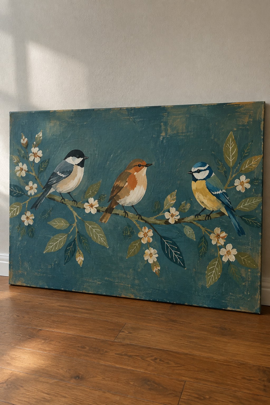 Three birds perched on a flowering branch against a textured teal canvas on wooden floor