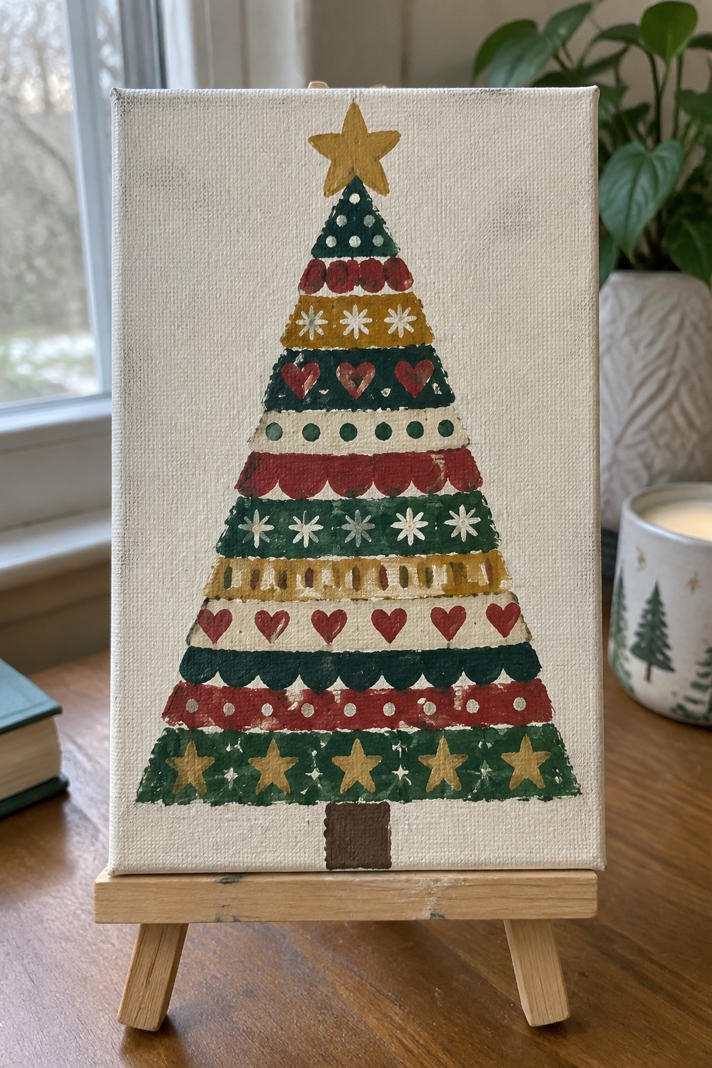 Folk art Christmas tree painting on canvas with colorful patterns on wooden easel.