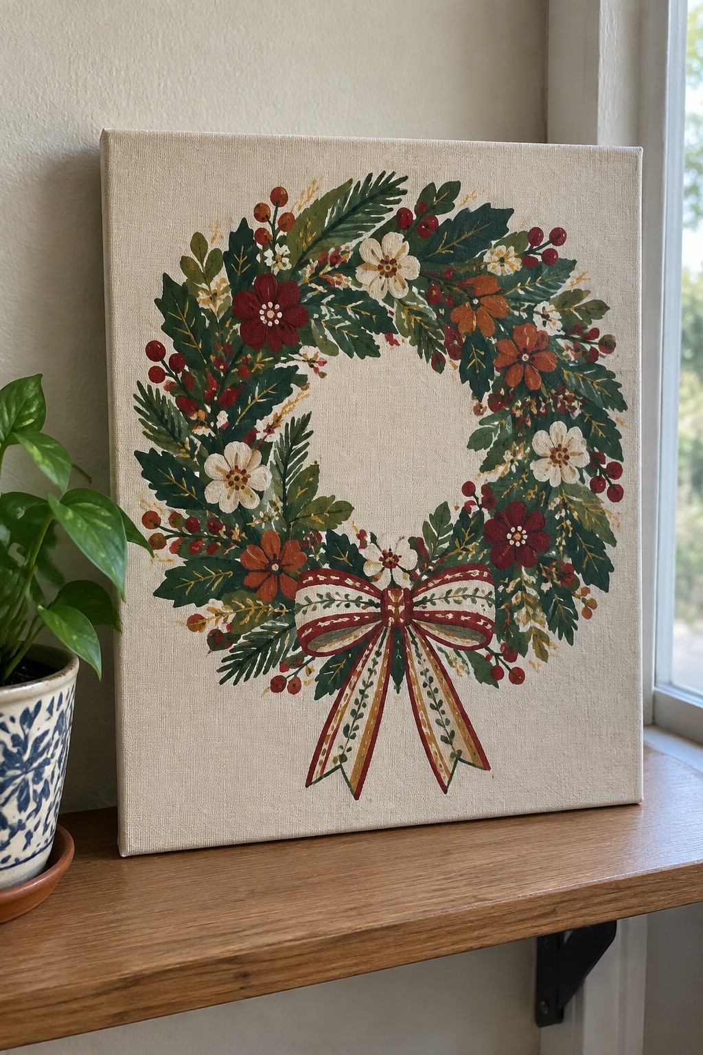 Festive floral wreath painting with red berries, flowers, and bow on canvas shelf
