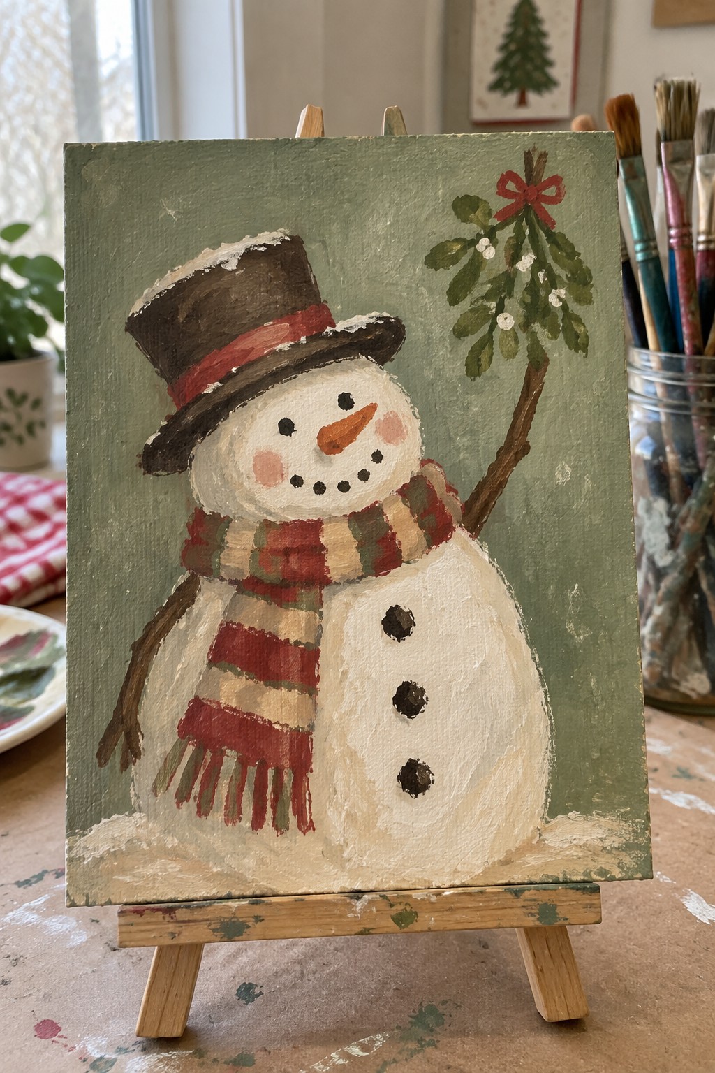 Folk art snowman painting on easel with top hat, plaid scarf, and mistletoe.