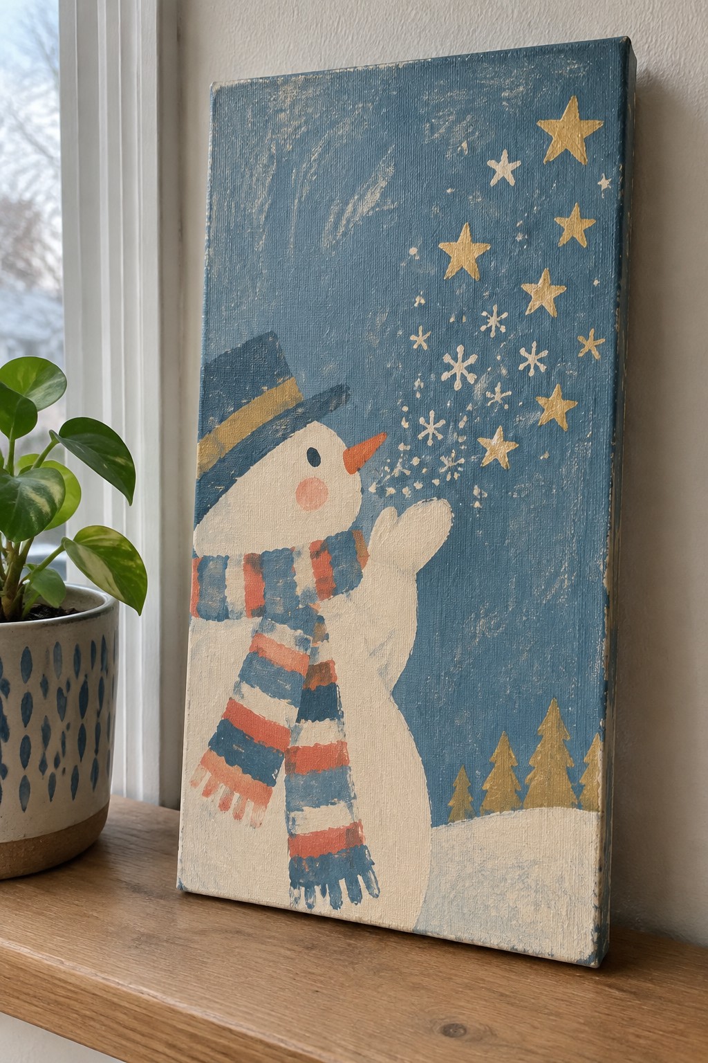 Snowman in striped scarf and top hat blowing snow under golden stars on canvas.