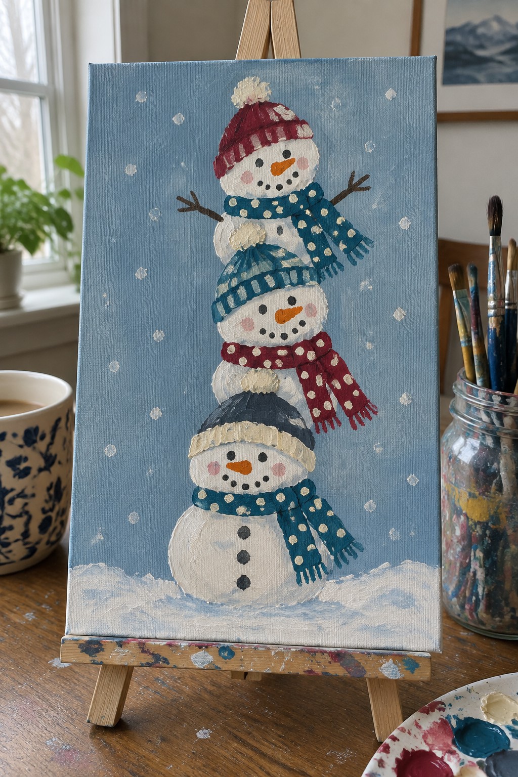 Acrylic painting of a three-part snowman with red, teal, and blue hats and scarves on a light blue background with snow at the bottom.