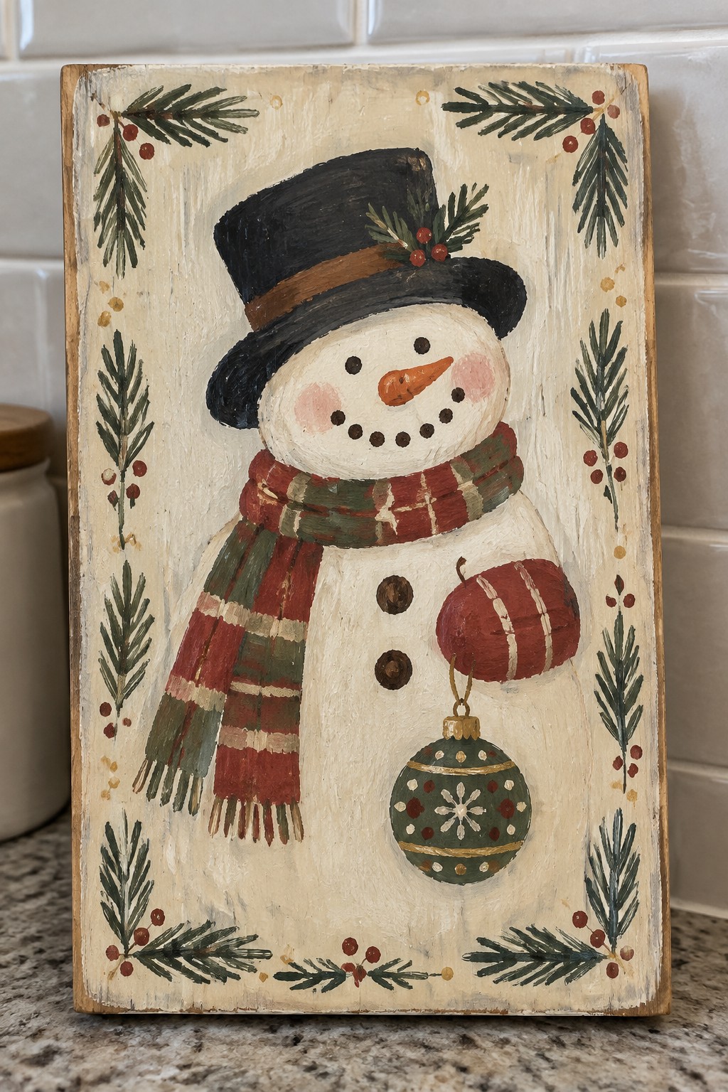 Folk art wood sign of snowman in black hat, plaid scarf, holding green ornament