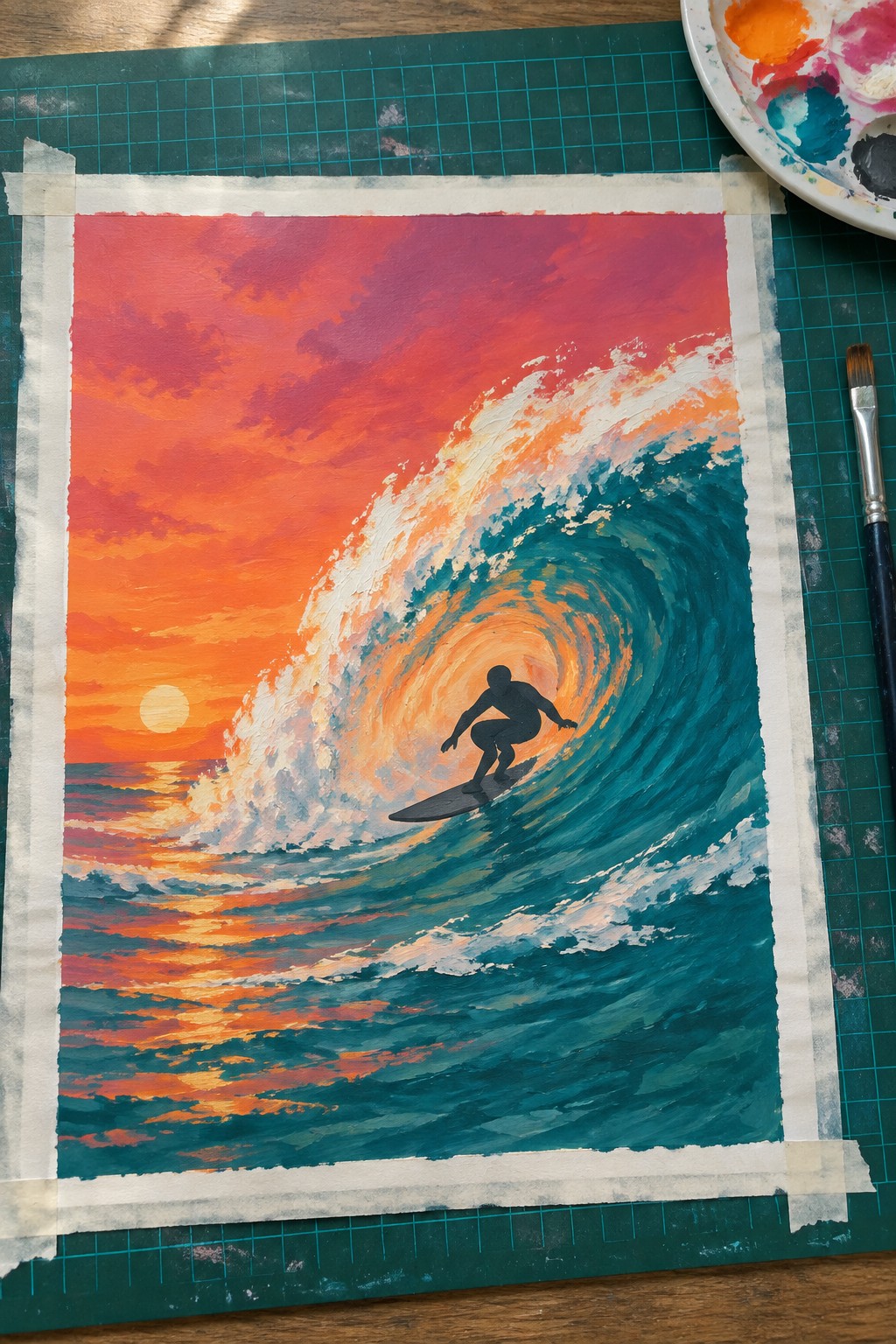 Colorful painting of silhouetted surfer inside curling teal wave at sunset
