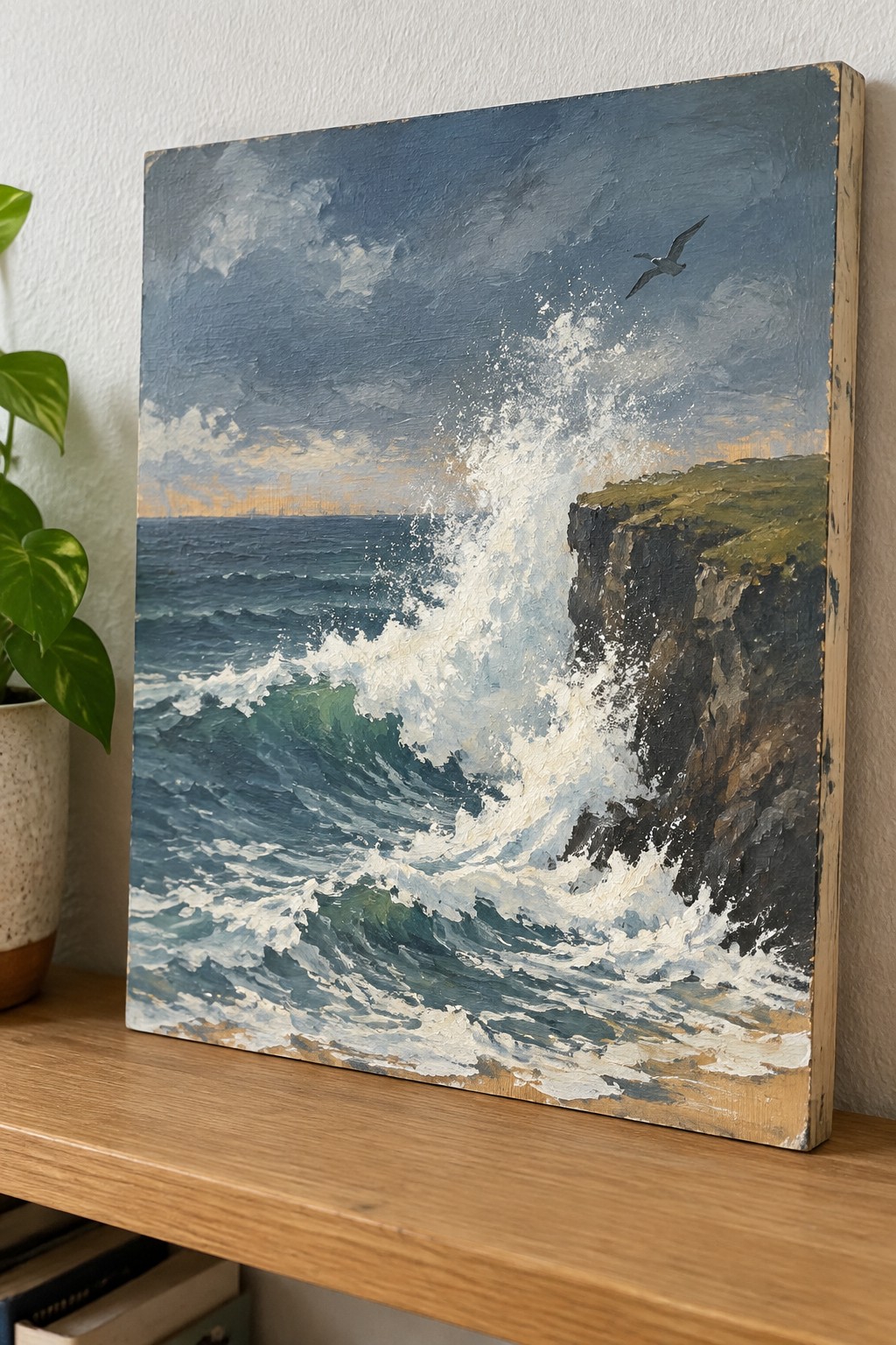 Realistic oil painting of waves crashing on rocky cliff with seabird overhead at dusk.