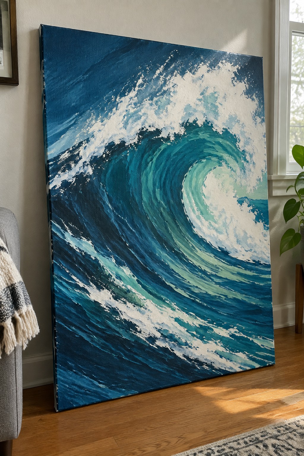 Large blue wave painting propped on wooden floor in sunlit room